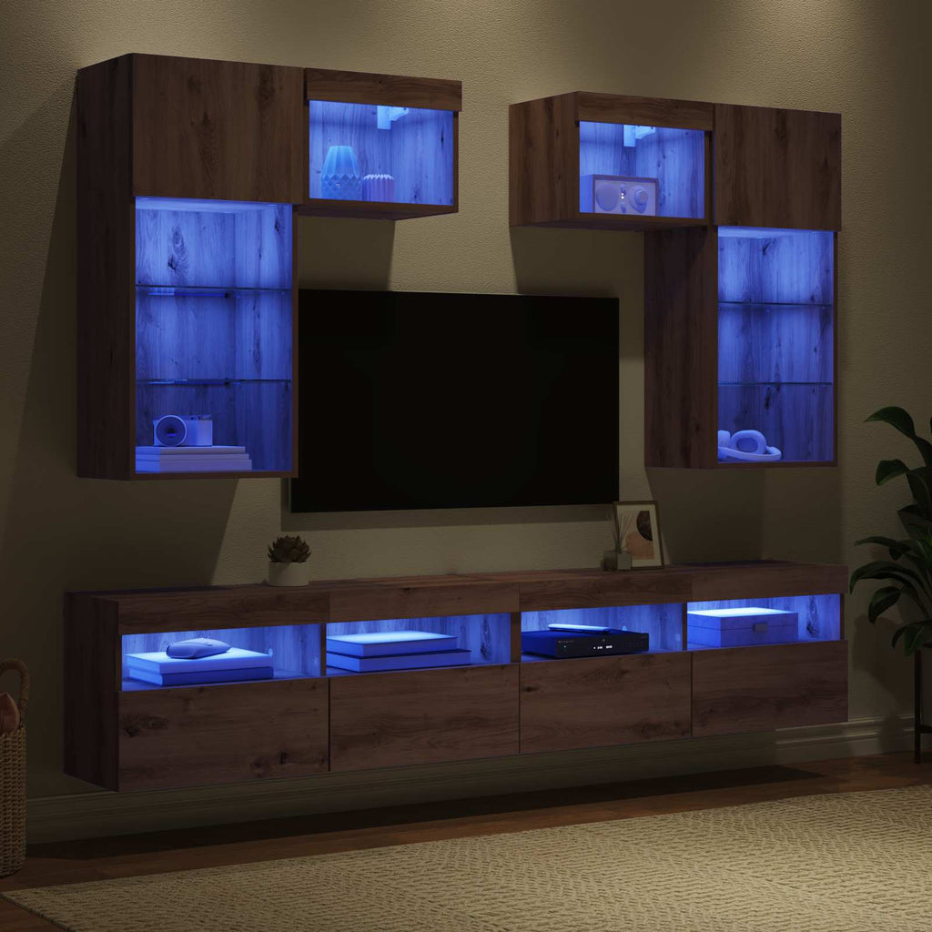 TV-Wandgeräte mit LED-Lichtleisten 6 pcs Altholz Holzwerkstoff
