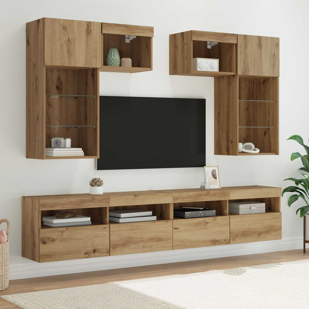 TV-Wandgeräte mit LED-Lichtleisten 6 pcs Altholz Holzwerkstoff