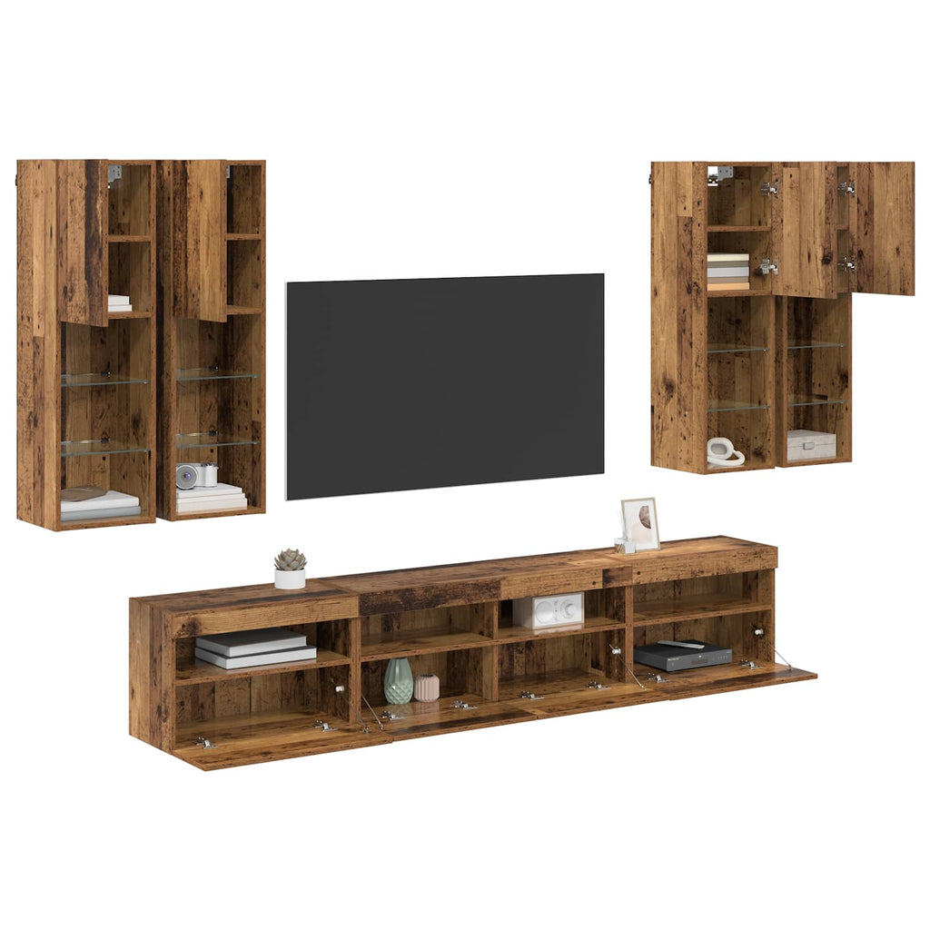 TV-Wandschrank-Set mit LED-Lichtern 7 pcs Altholz Holzwerkstoff