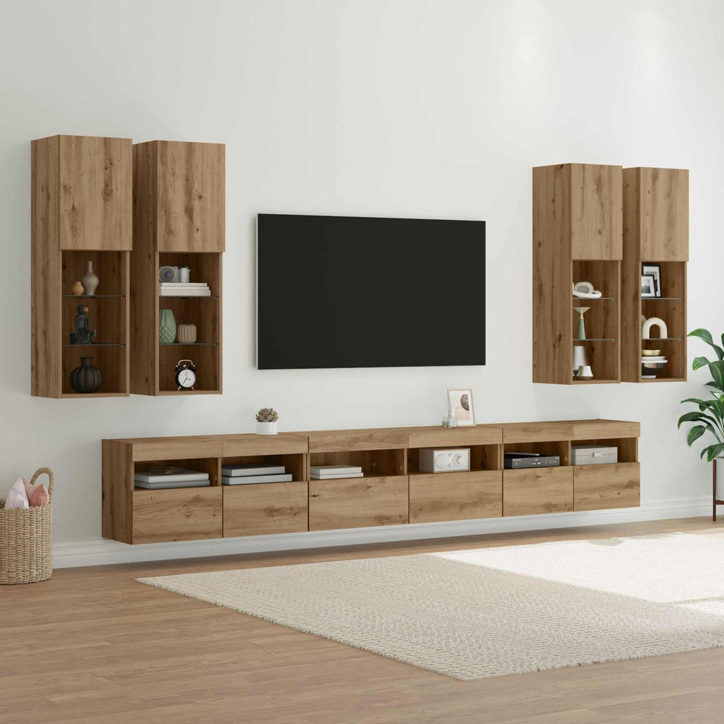 TV-Wandregal-Set Wandmontiert 7 pcs Artisan-Eiche Holzwerkstoff