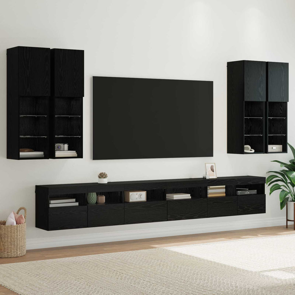 TV-Wandregal-Set 7 pcs Schwarz Eichen-Optik Holzwerkstoff