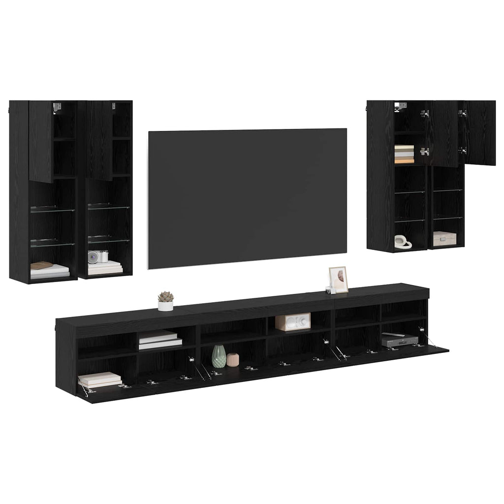 TV-Wandregal-Set 7 pcs Schwarz Eichen-Optik Holzwerkstoff