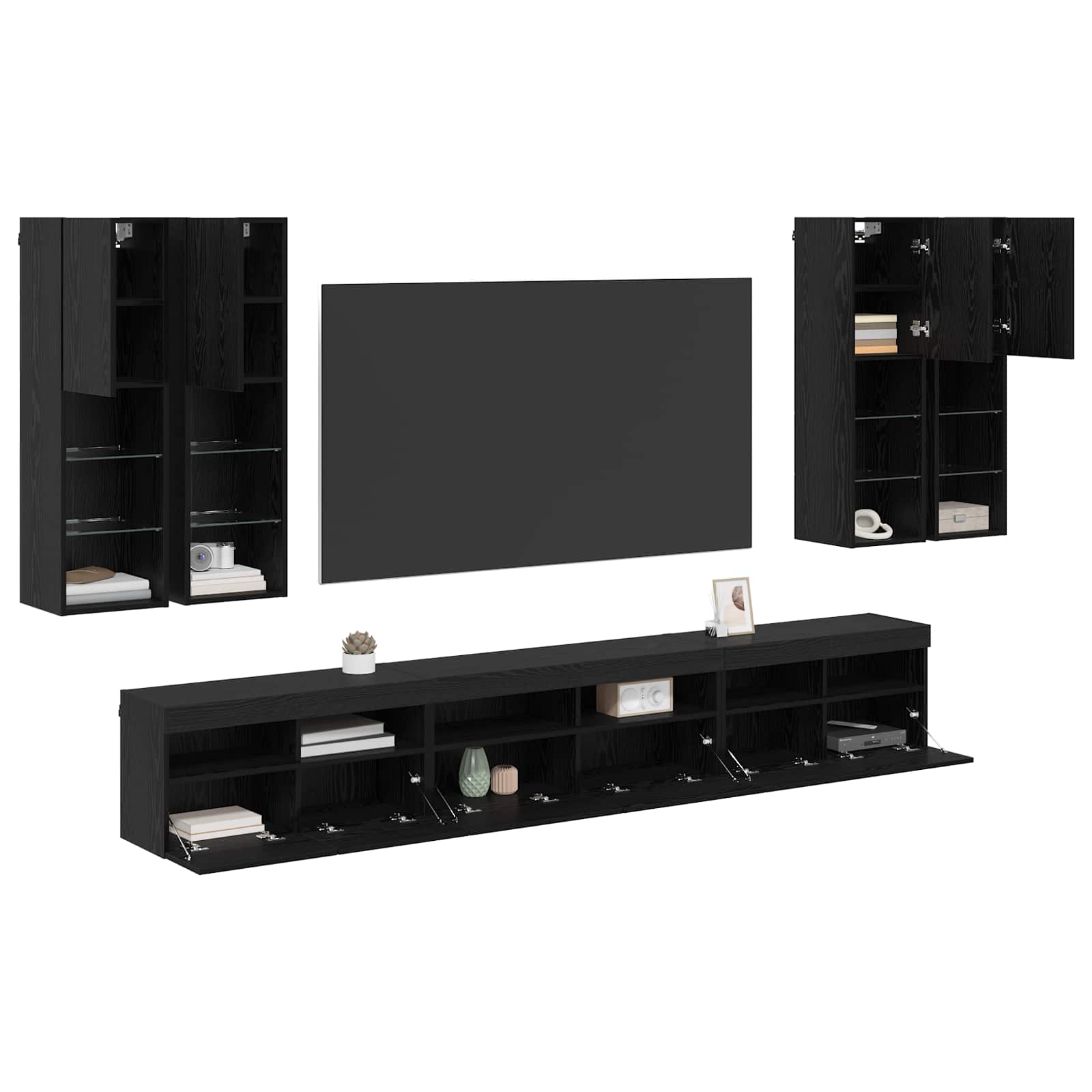 TV-Wandregal-Set 7 pcs Schwarz Eichen-Optik Holzwerkstoff