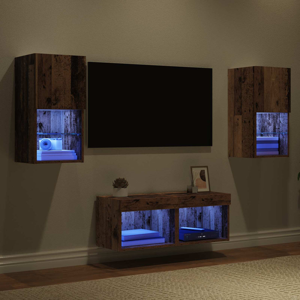 TV-Wandregale mit LED-Lichtleisten 4 pcs Altholz Holzwerkstoff