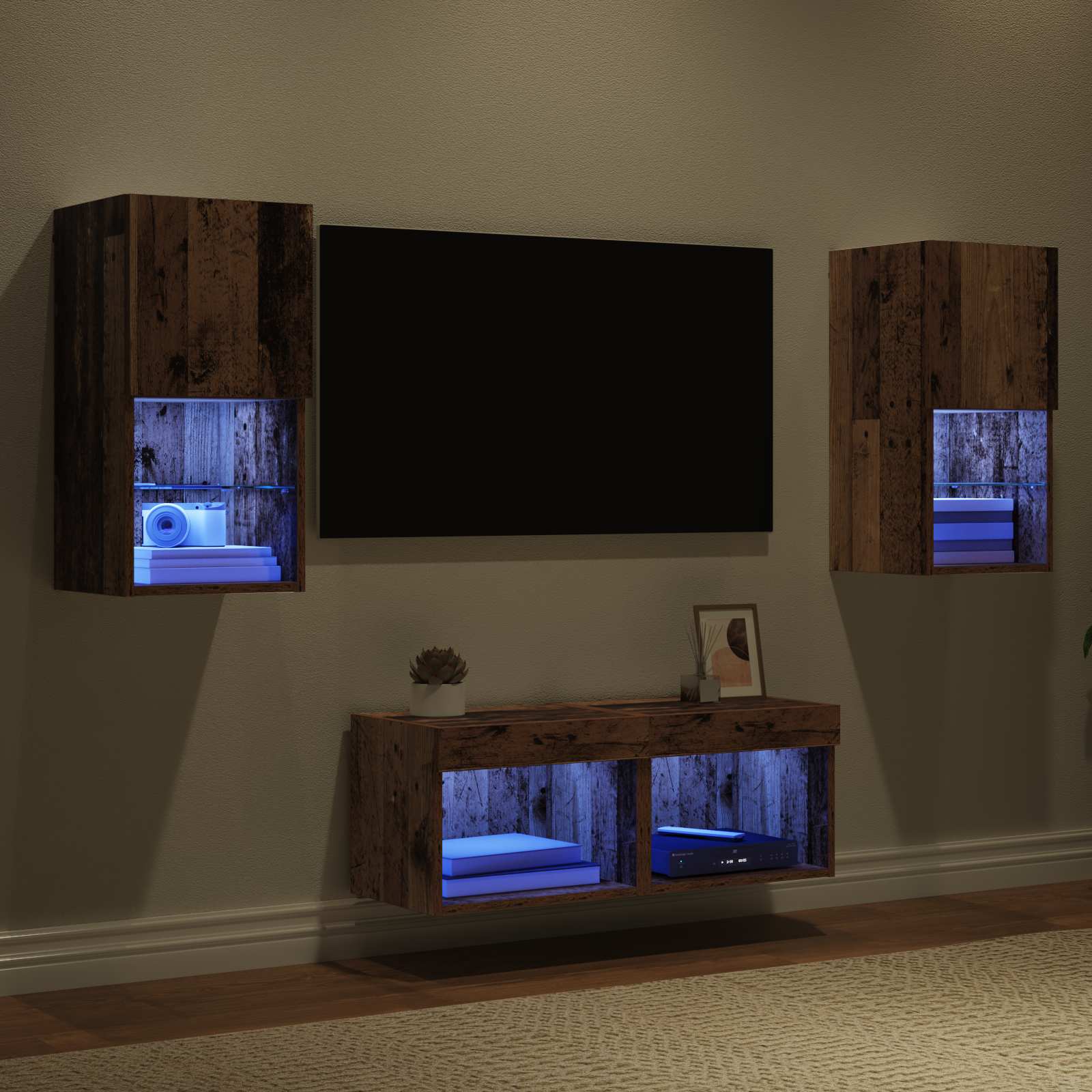 TV-Wandregale mit LED-Lichtleisten 4 pcs Altholz Holzwerkstoff