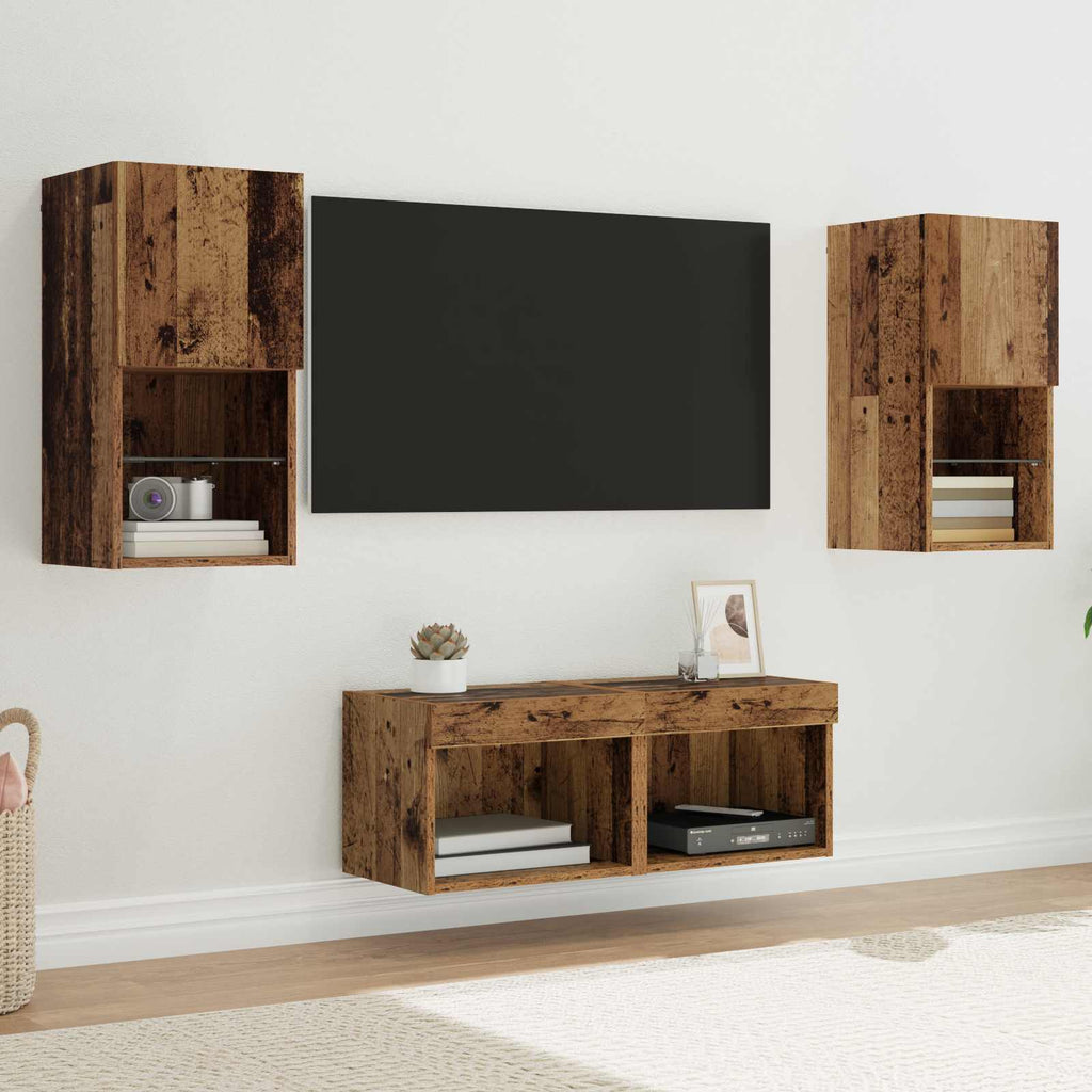 TV-Wandregale mit LED-Lichtleisten 4 pcs Altholz Holzwerkstoff