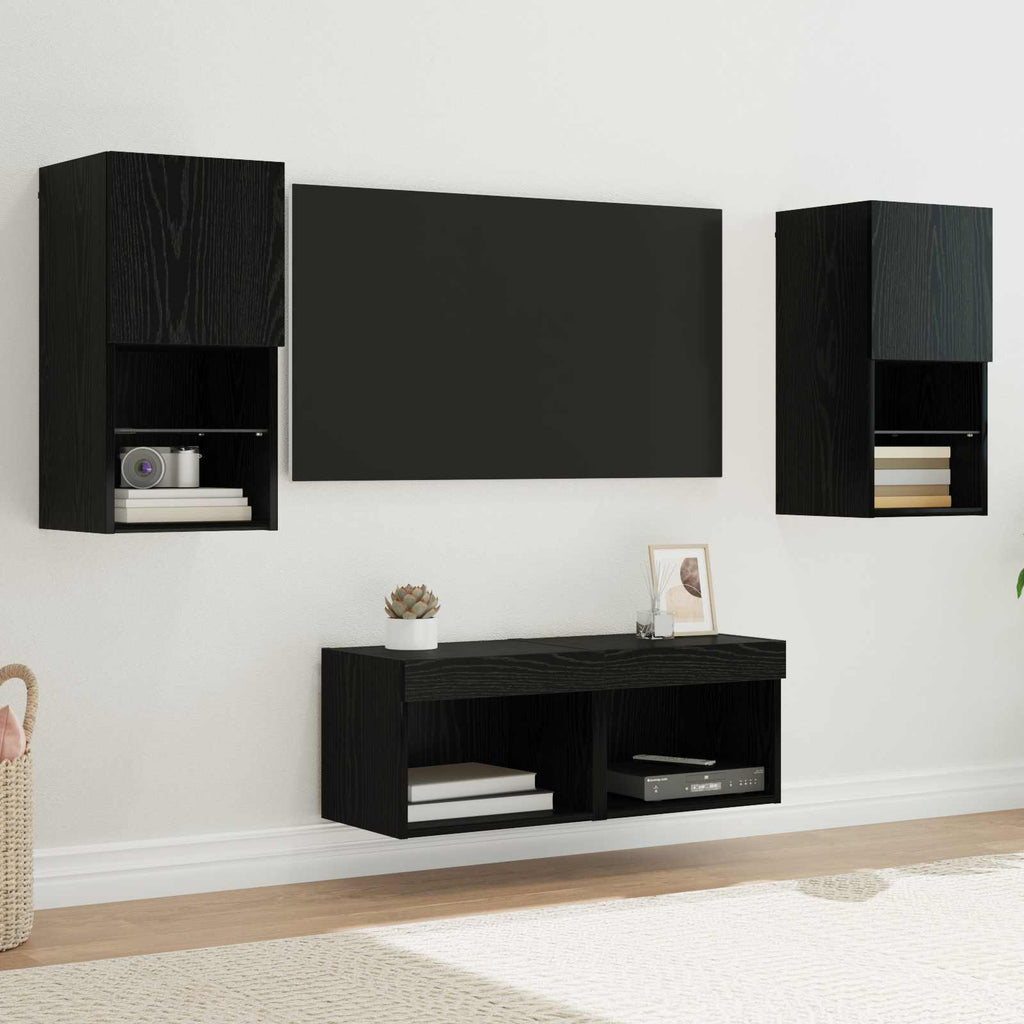TV-Wandregale 4 pcs Schwarz Eichen-Optik Holzwerkstoff