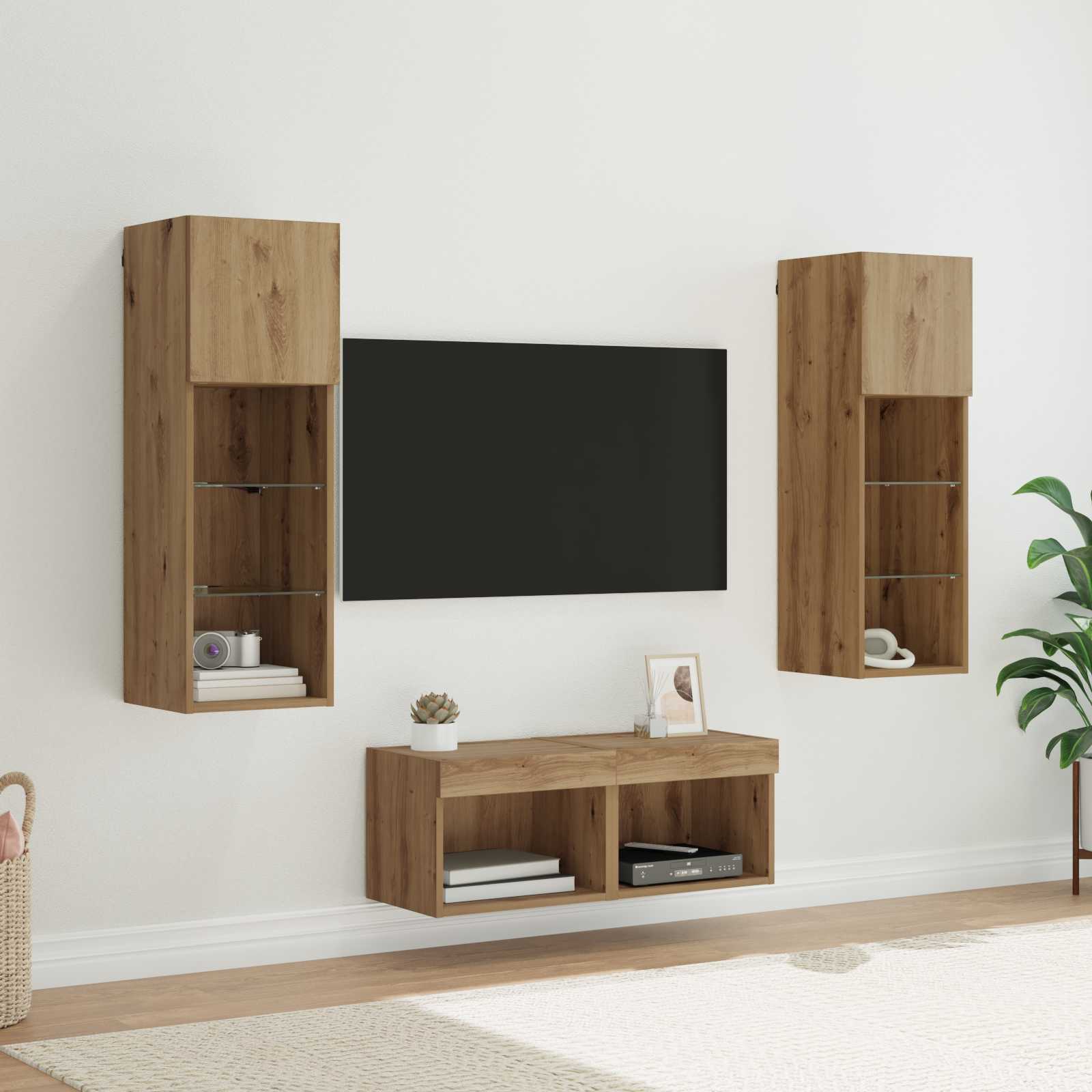 TV-Wandregale 4 pcs Schwarz Eichen-Optik Holzwerkstoff