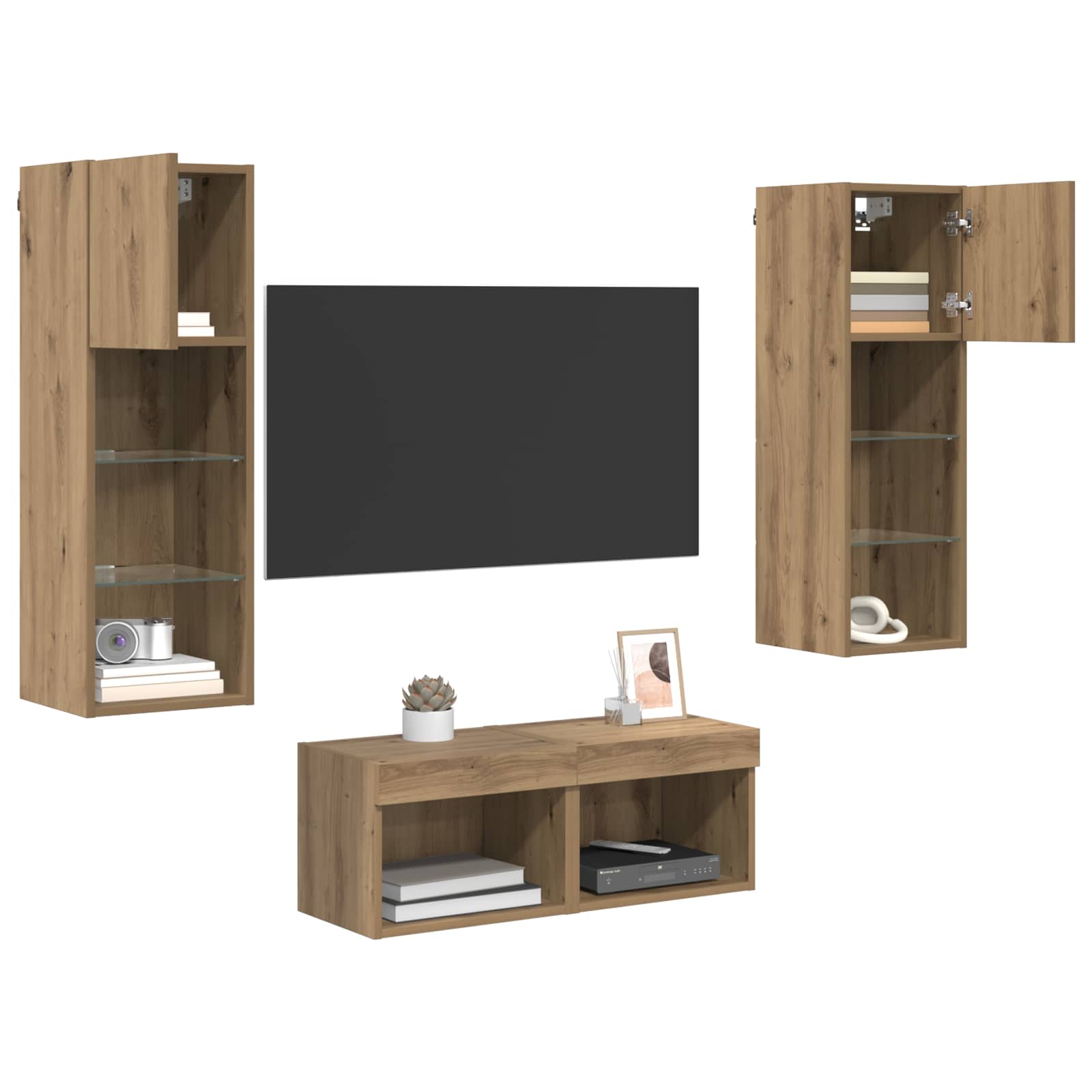 TV-Wandregale 4 pcs Schwarz Eichen-Optik Holzwerkstoff