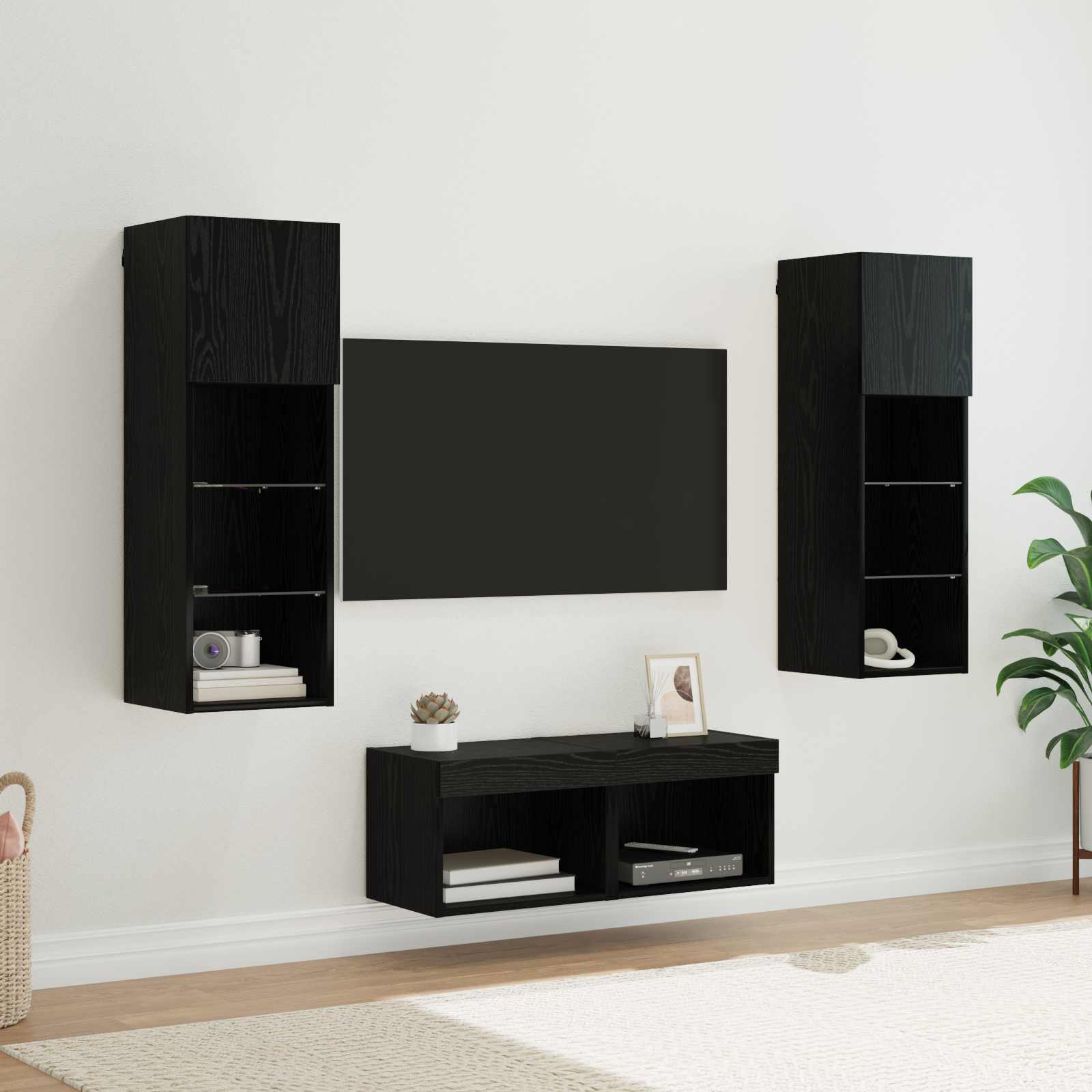 TV-Wandregale 4 pcs Schwarz Eichen-Optik Holzwerkstoff