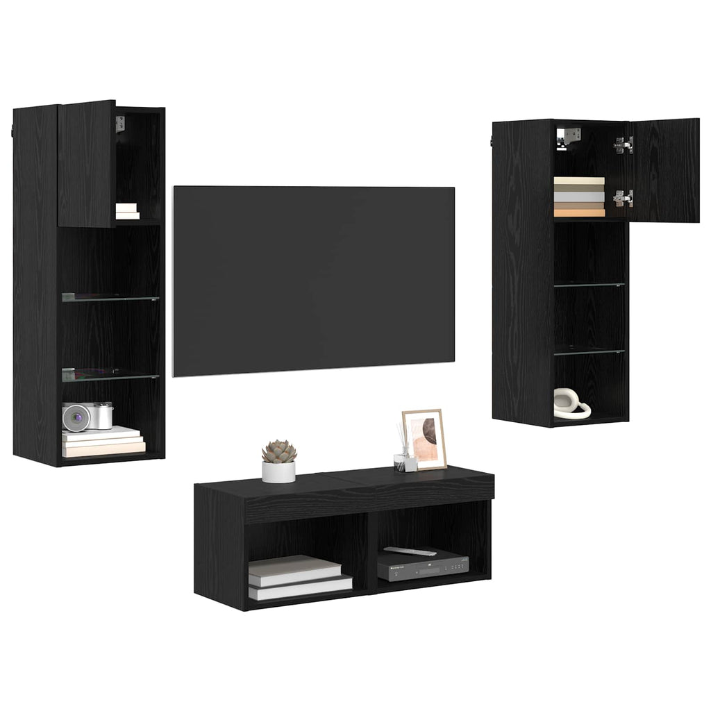 TV-Wandregale 4 pcs Schwarz Eichen-Optik Holzwerkstoff