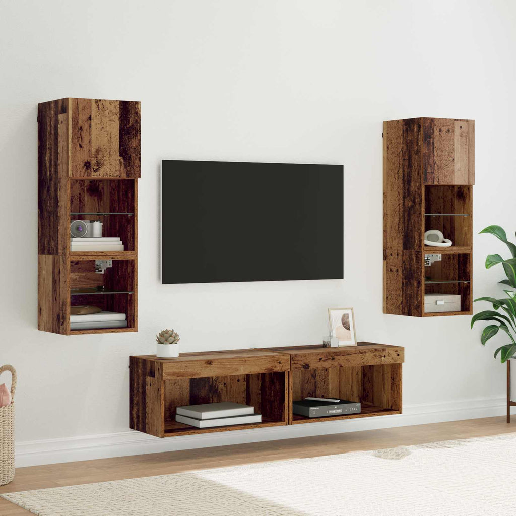 TV-Wandmöbel mit LED-Lichtleisten 6 pcs Altholz Holzwerkstoff