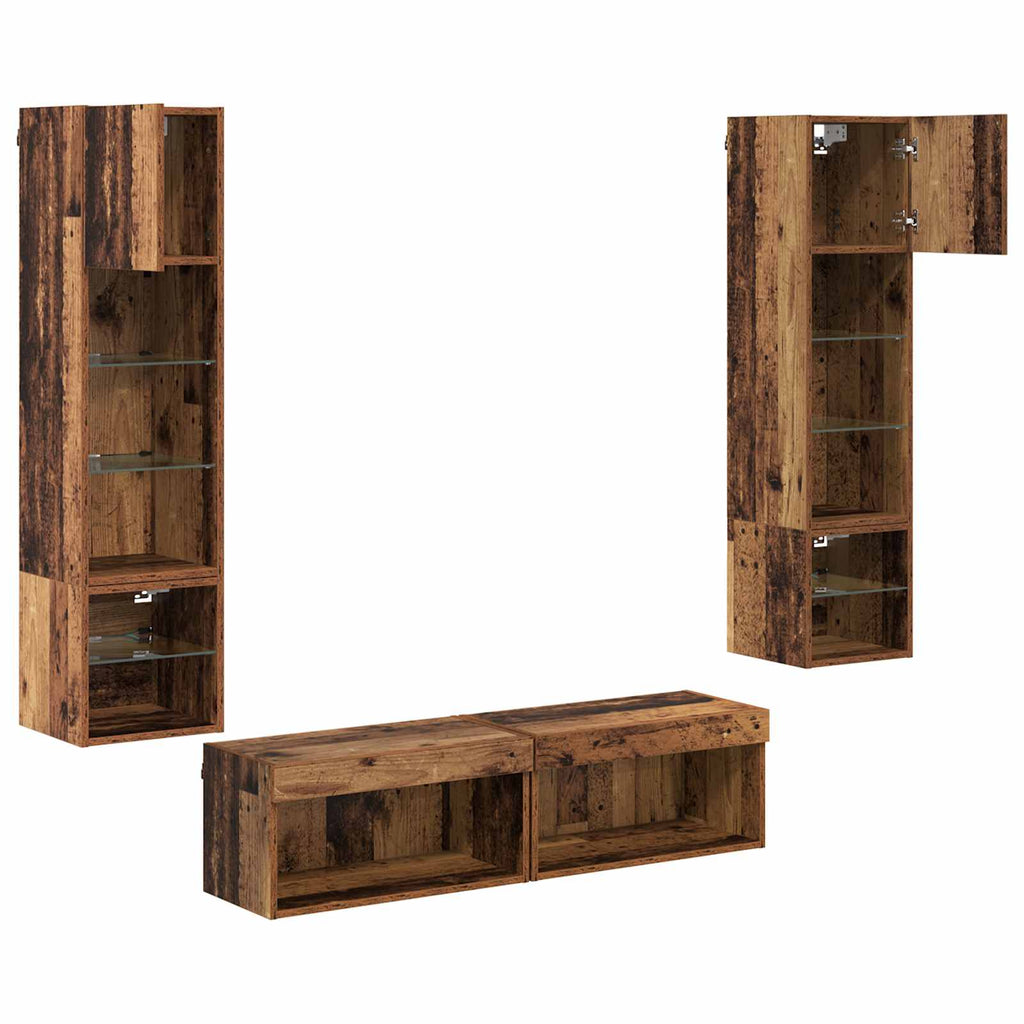 TV-Wandmöbel mit LED-Lichtleisten 6 pcs Altholz Holzwerkstoff