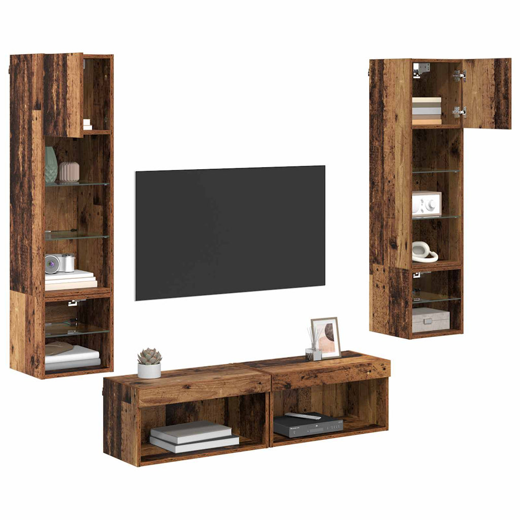 TV-Wandmöbel mit LED-Lichtleisten 6 pcs Altholz Holzwerkstoff