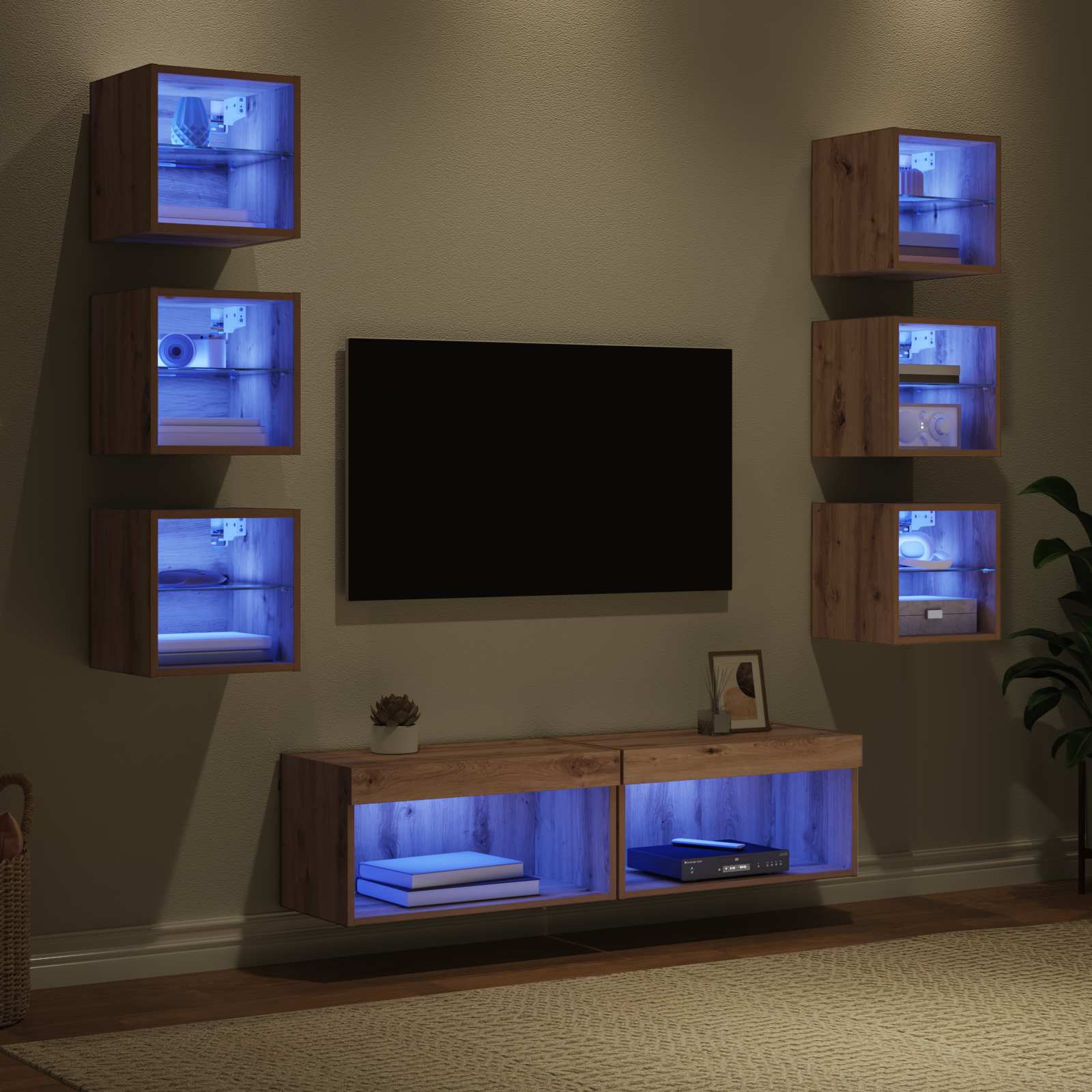 TV-Schränk mit LED-Lichtleisten 8 pcs Artisan-Eiche Glas