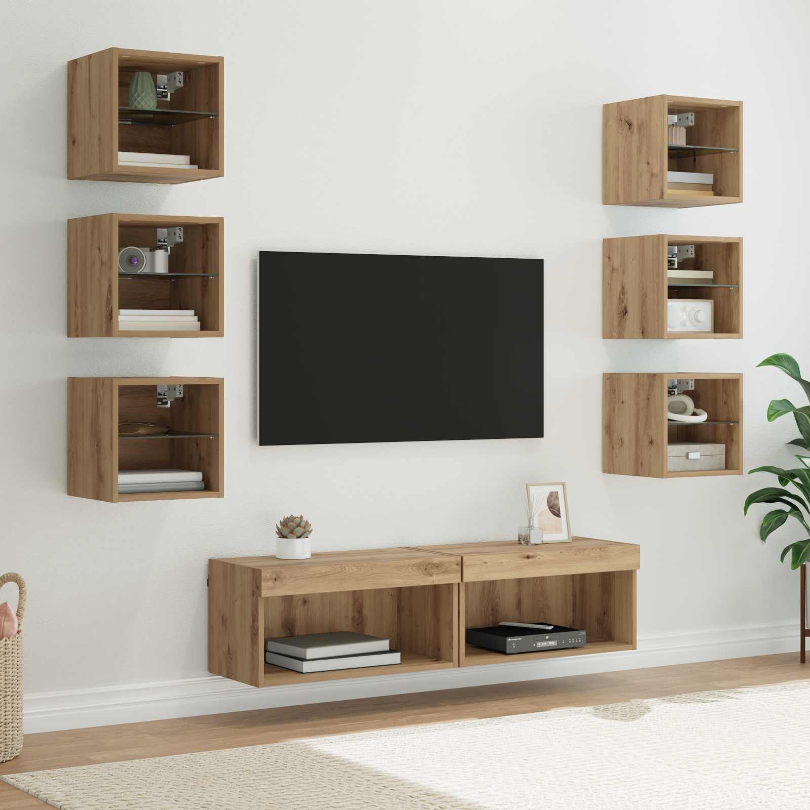 TV-Schränk mit LED-Lichtleisten 8 pcs Artisan-Eiche Glas