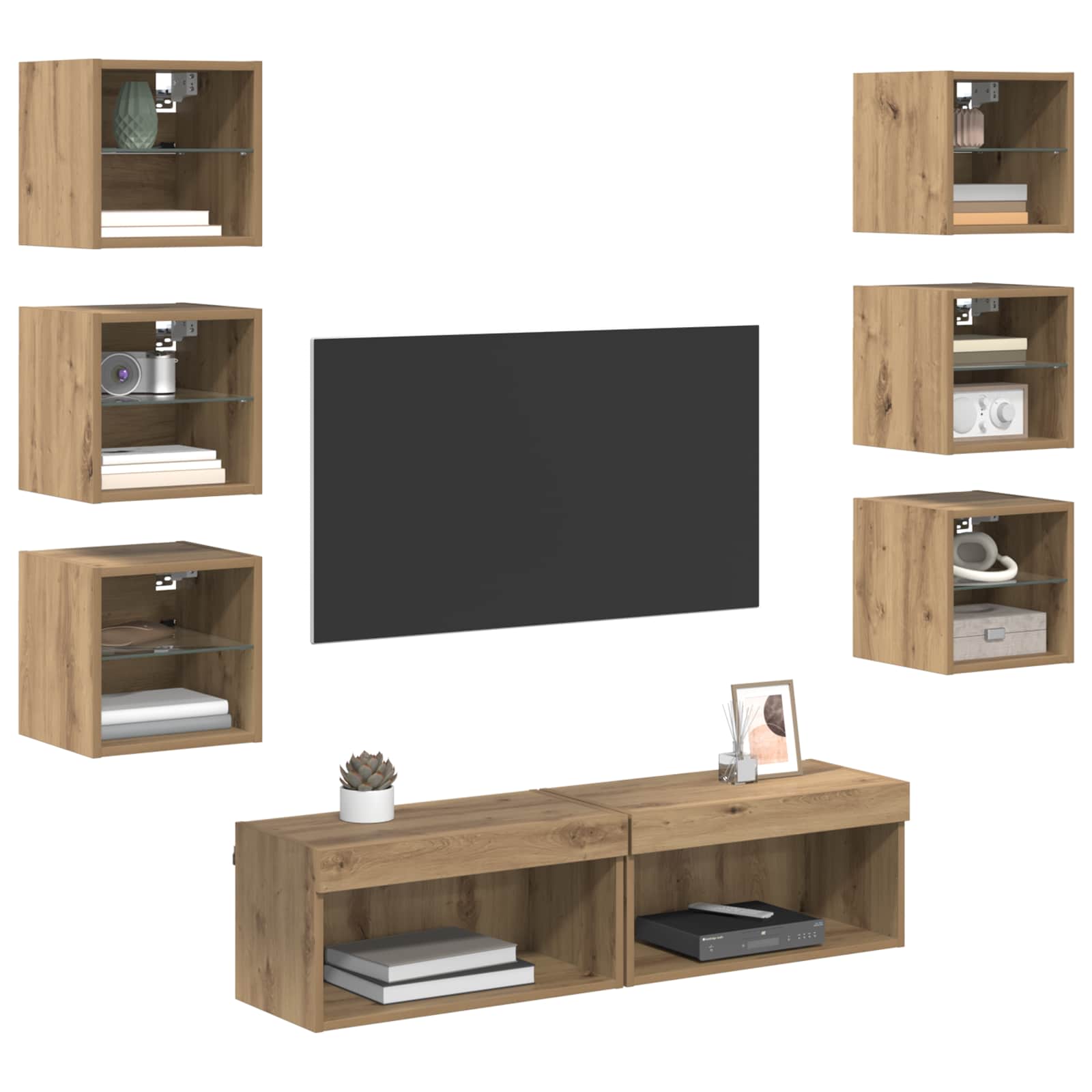 TV-Schränk mit LED-Lichtleisten 8 pcs Artisan-Eiche Glas