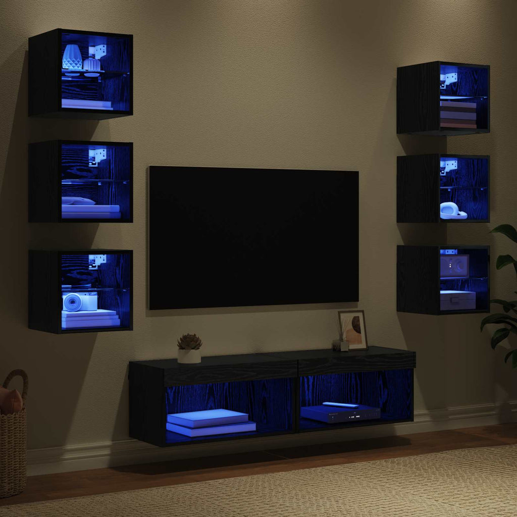 TV-Schränk mit LED-Lichtleisten 8 pcs Schwarz Eichen-Optik Glas