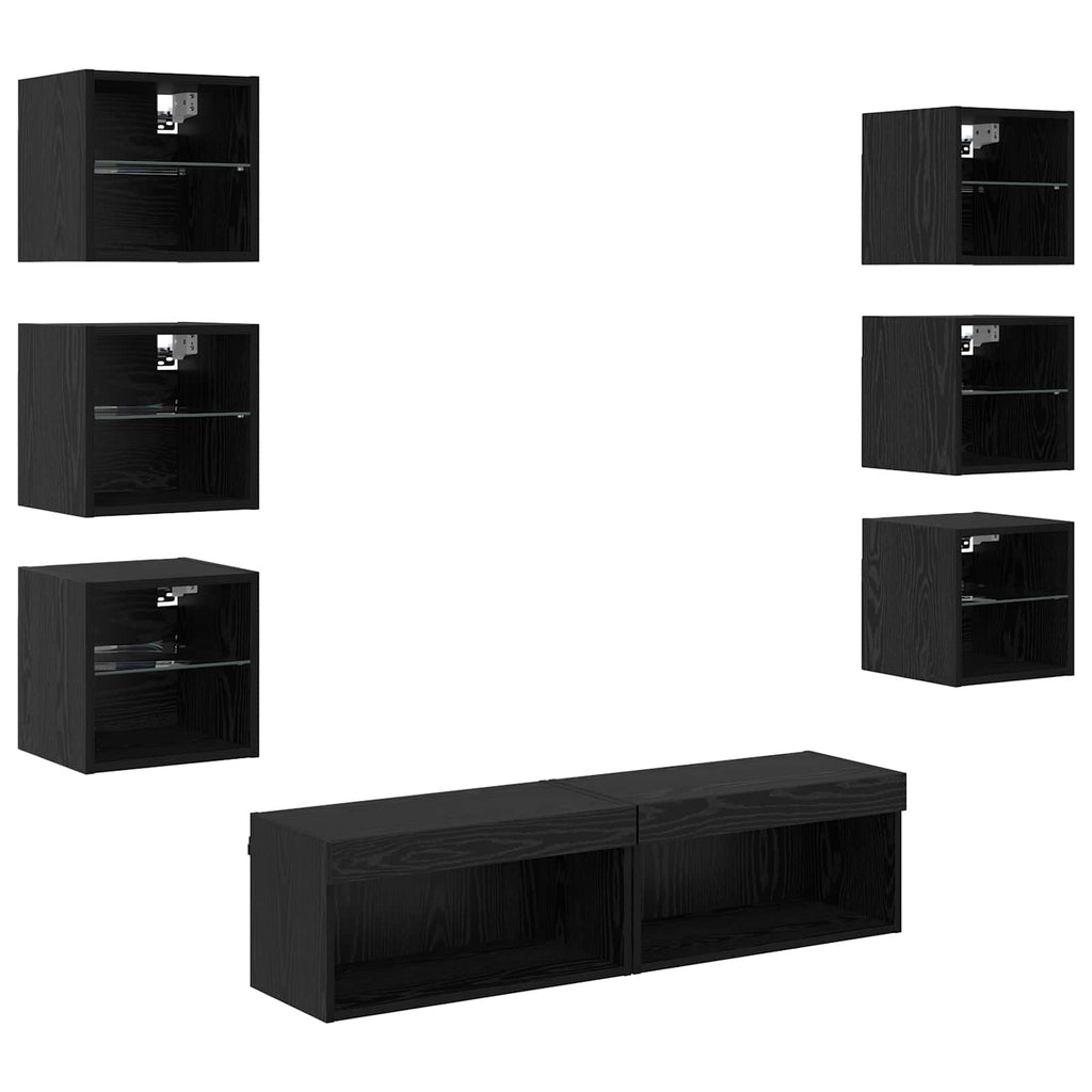 TV-Schränk mit LED-Lichtleisten 8 pcs Schwarz Eichen-Optik Glas