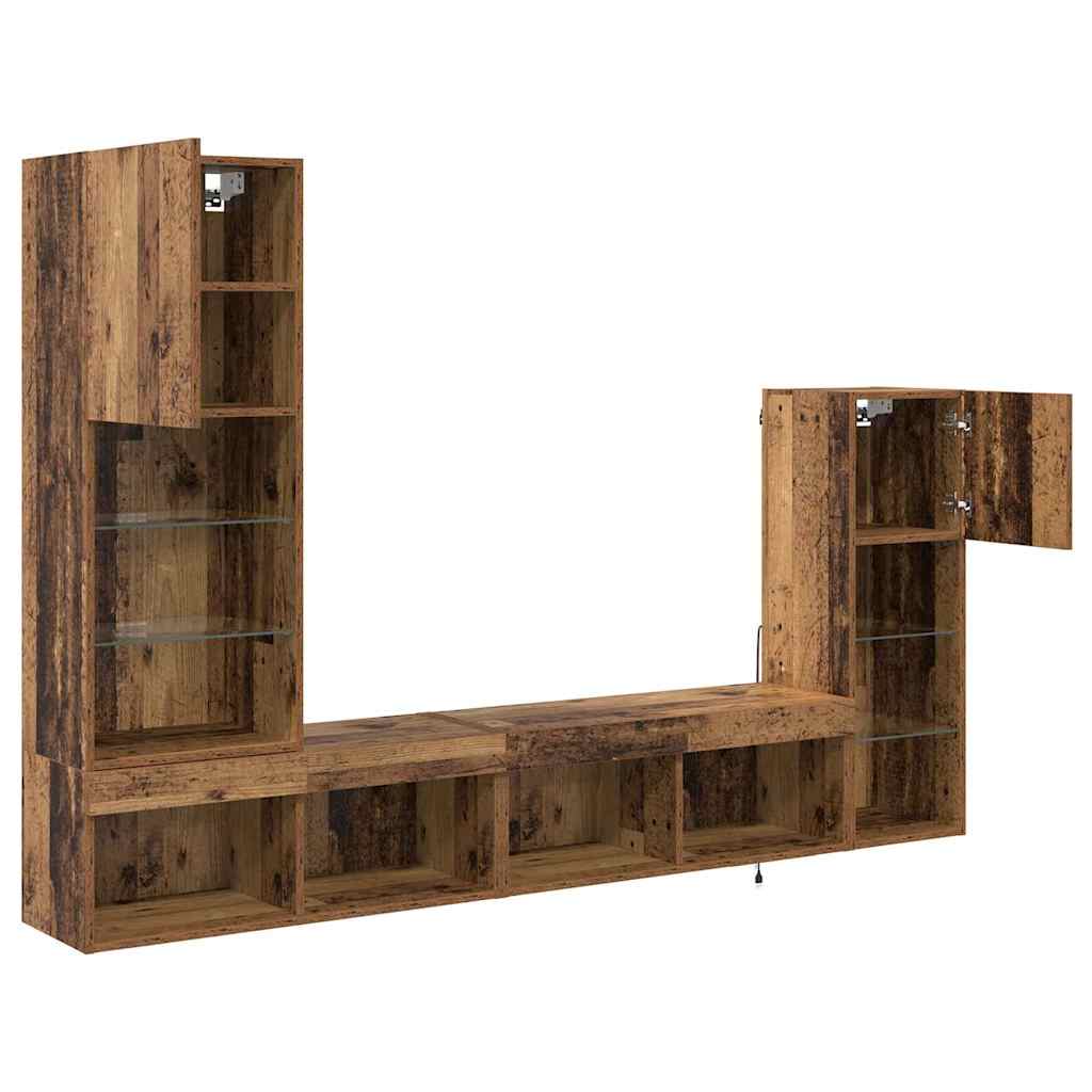 TV-Wandgeräte mit LED-Lichtleisten 4 pcs Altholz Holzwerkstoff