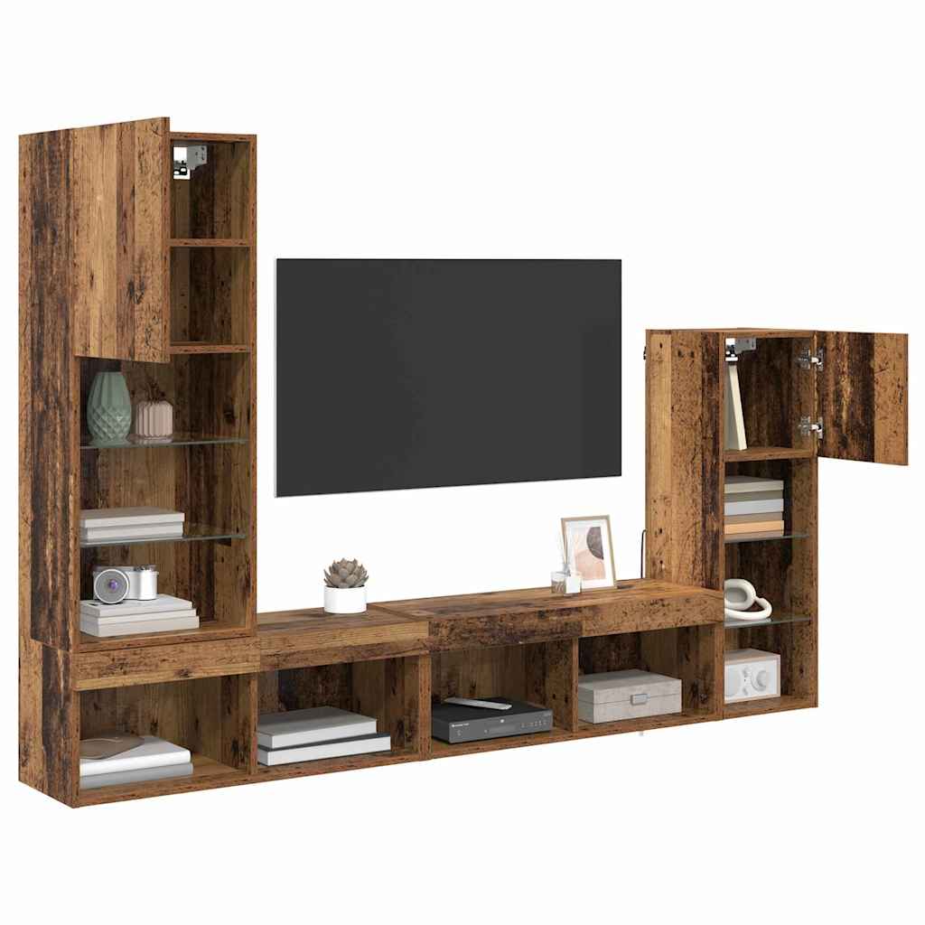 TV-Wandgeräte mit LED-Lichtleisten 4 pcs Altholz Holzwerkstoff