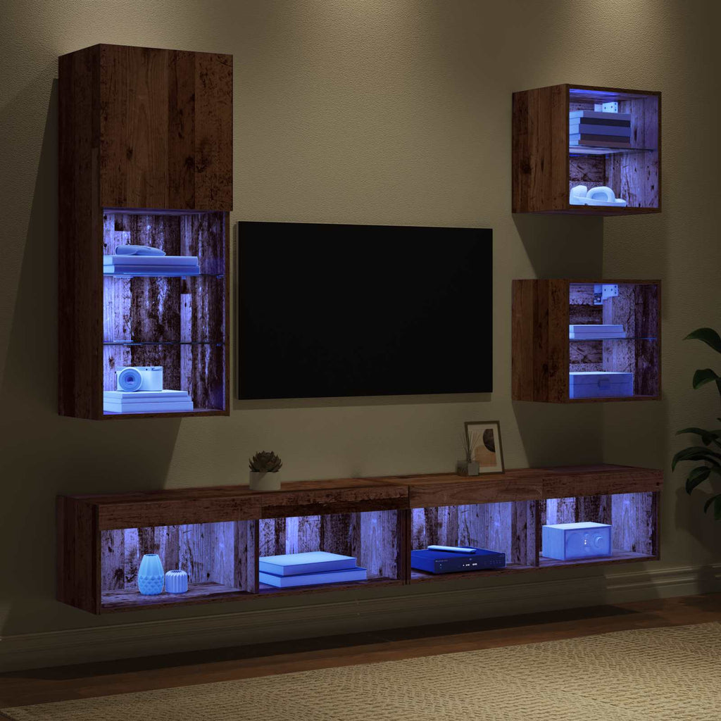 TV Wand Einheiten mit LED 5 pcs Altholz Holzwerkstoff