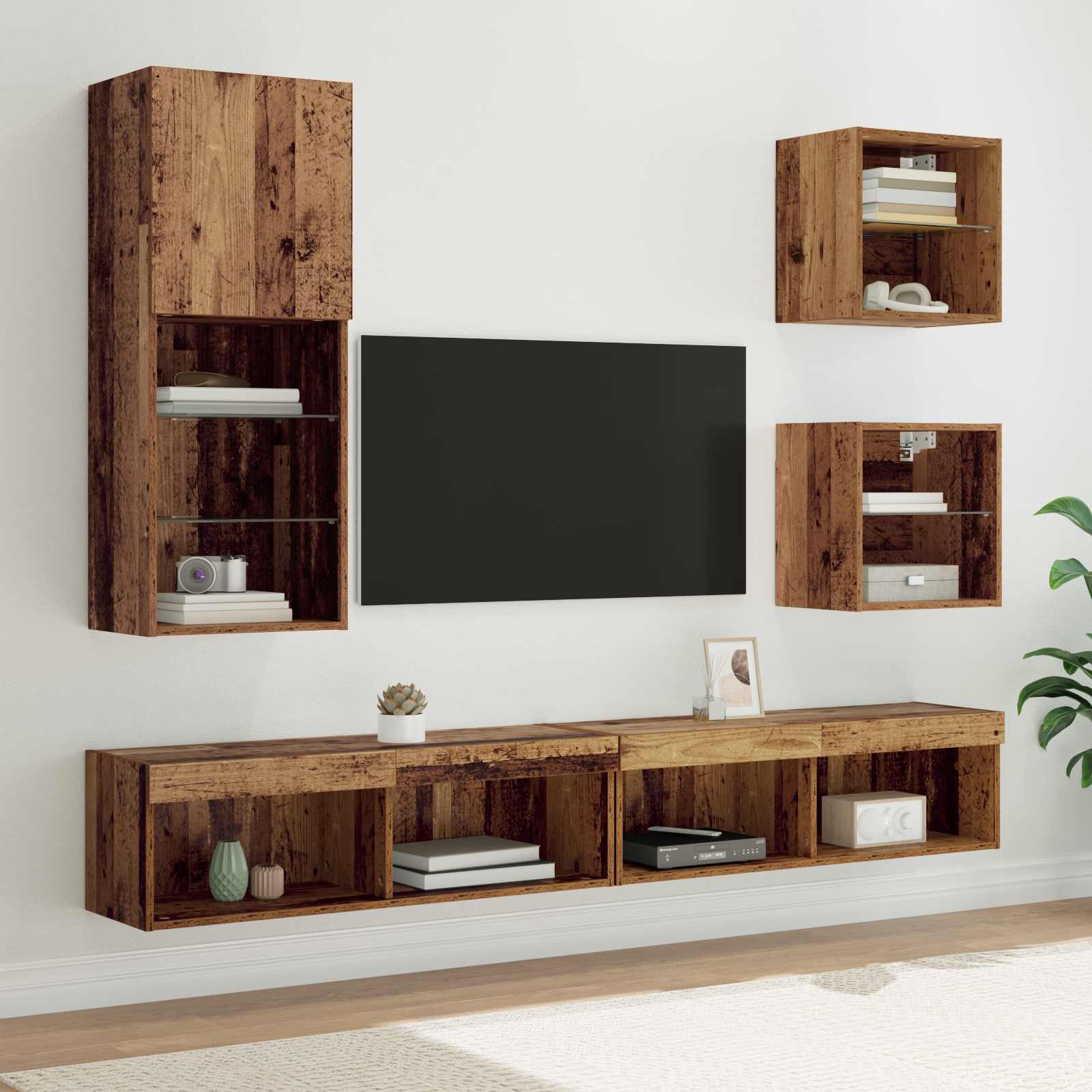 TV Wand Einheiten mit LED 5 pcs Altholz Holzwerkstoff