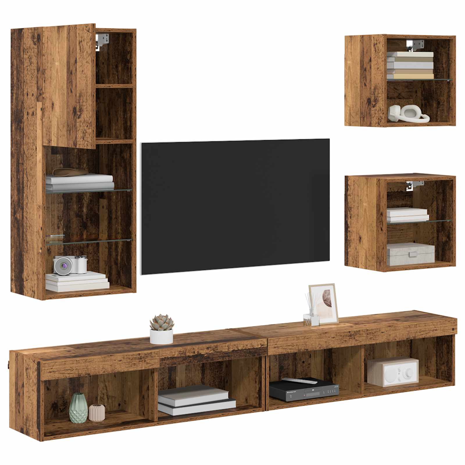 TV Wand Einheiten mit LED 5 pcs Altholz Holzwerkstoff