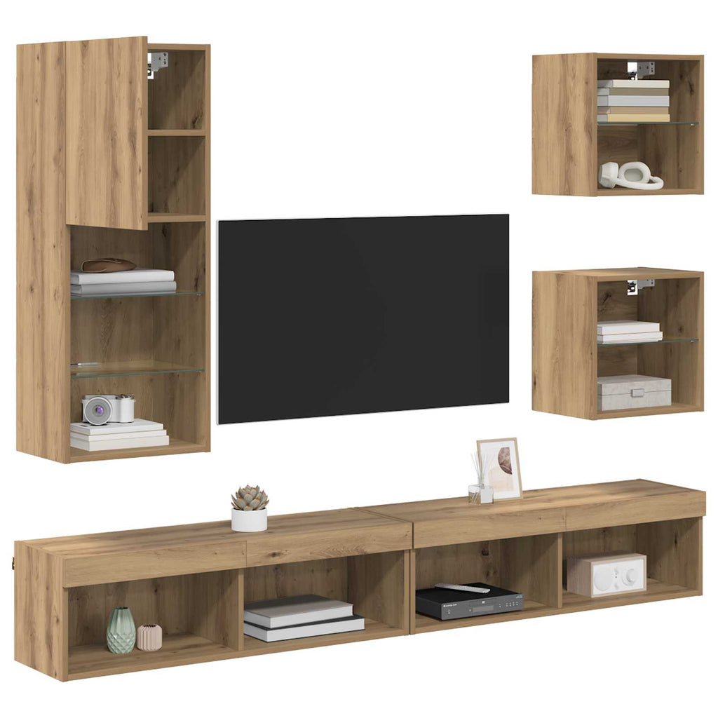 TV Wand Einheiten mit LED 5 pcs Artisan-Eiche Holzwerkstoff