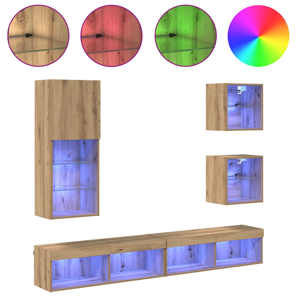 TV Wand Einheiten mit LED 5 pcs Artisan-Eiche Holzwerkstoff