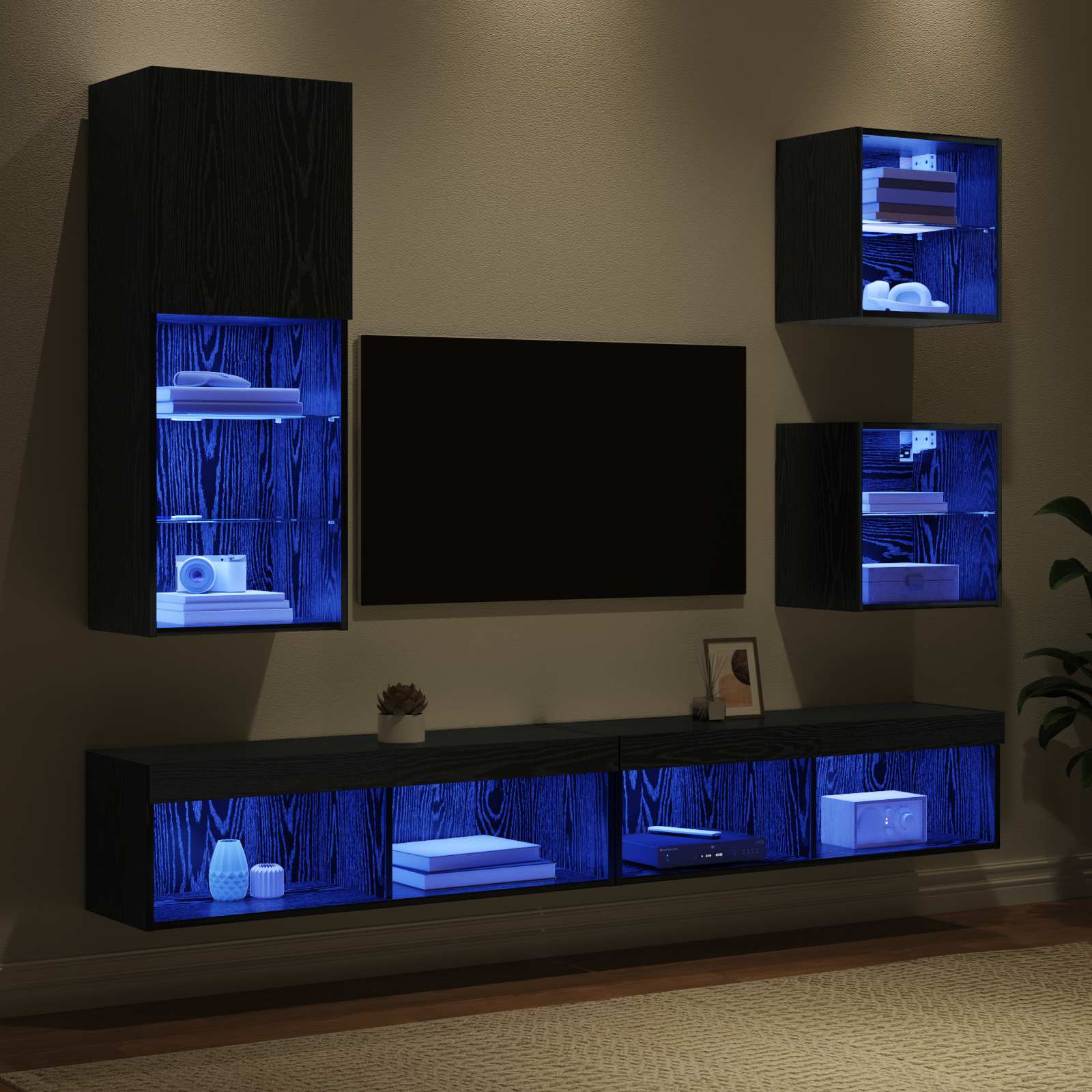 TV Wand Einheiten mit LED 5 pcs Schwarz Eichen-Optik