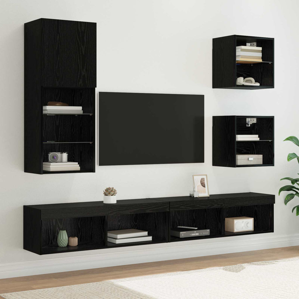 TV Wand Einheiten mit LED 5 pcs Schwarz Eichen-Optik