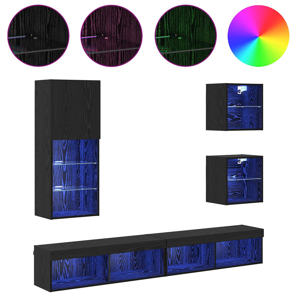 TV Wand Einheiten mit LED 5 pcs Schwarz Eichen-Optik