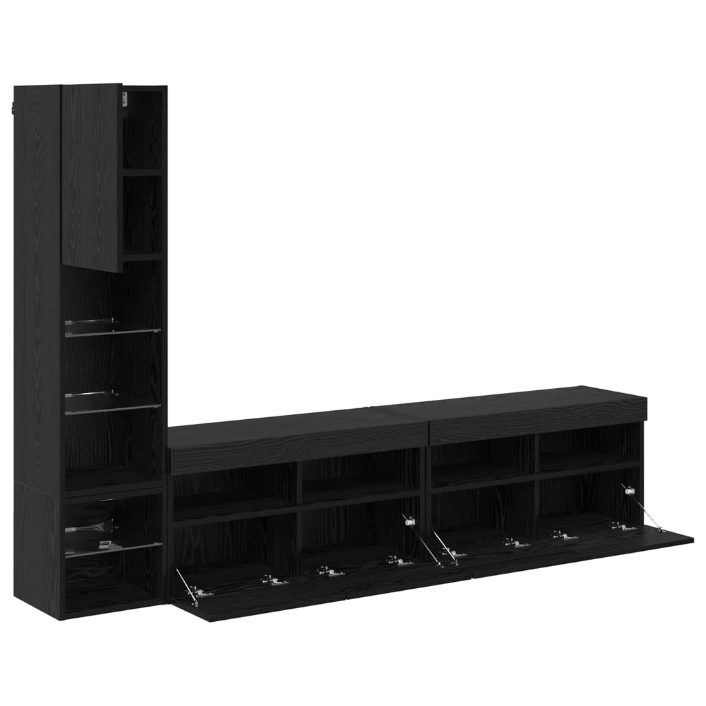 TV-Wandmöbel mit LED 4 pcs Schwarz Eichen-Optik Holzwerkstoff