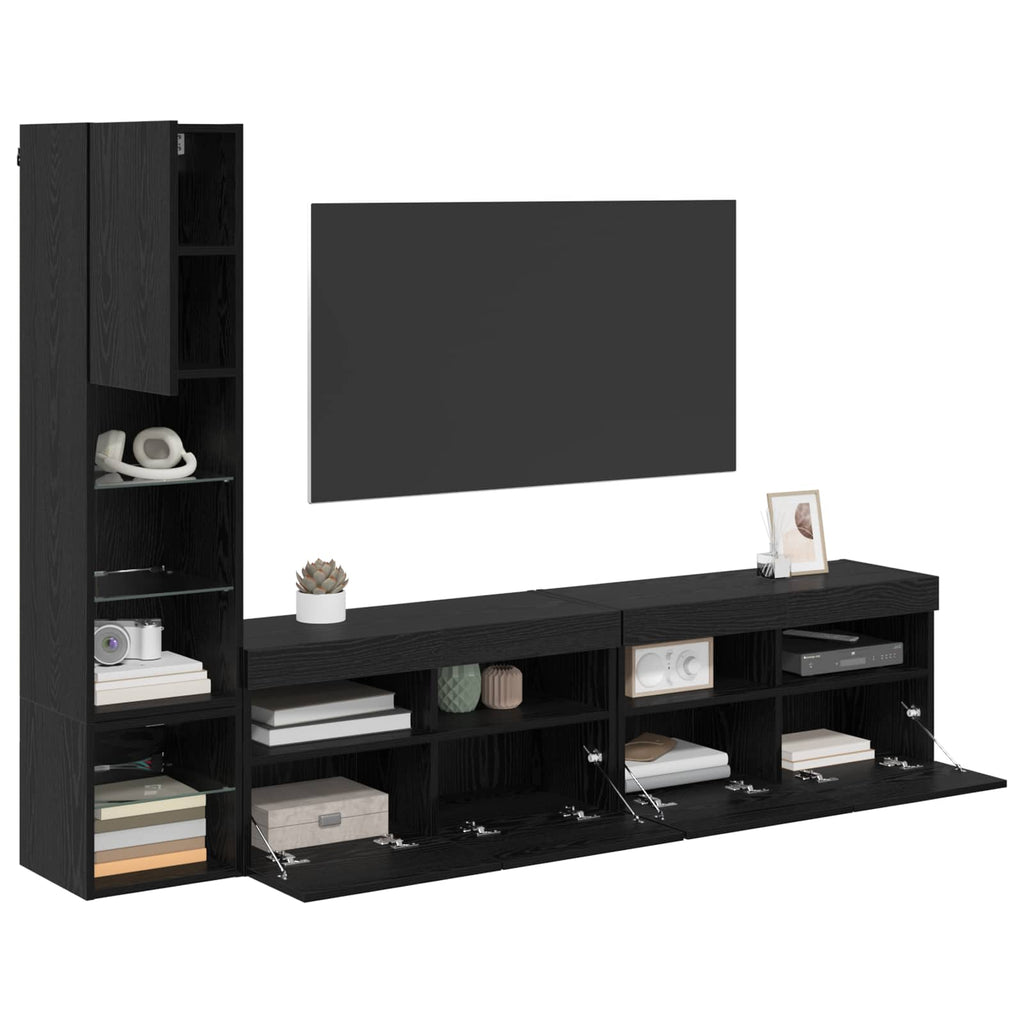 TV-Wandmöbel mit LED 4 pcs Schwarz Eichen-Optik Holzwerkstoff