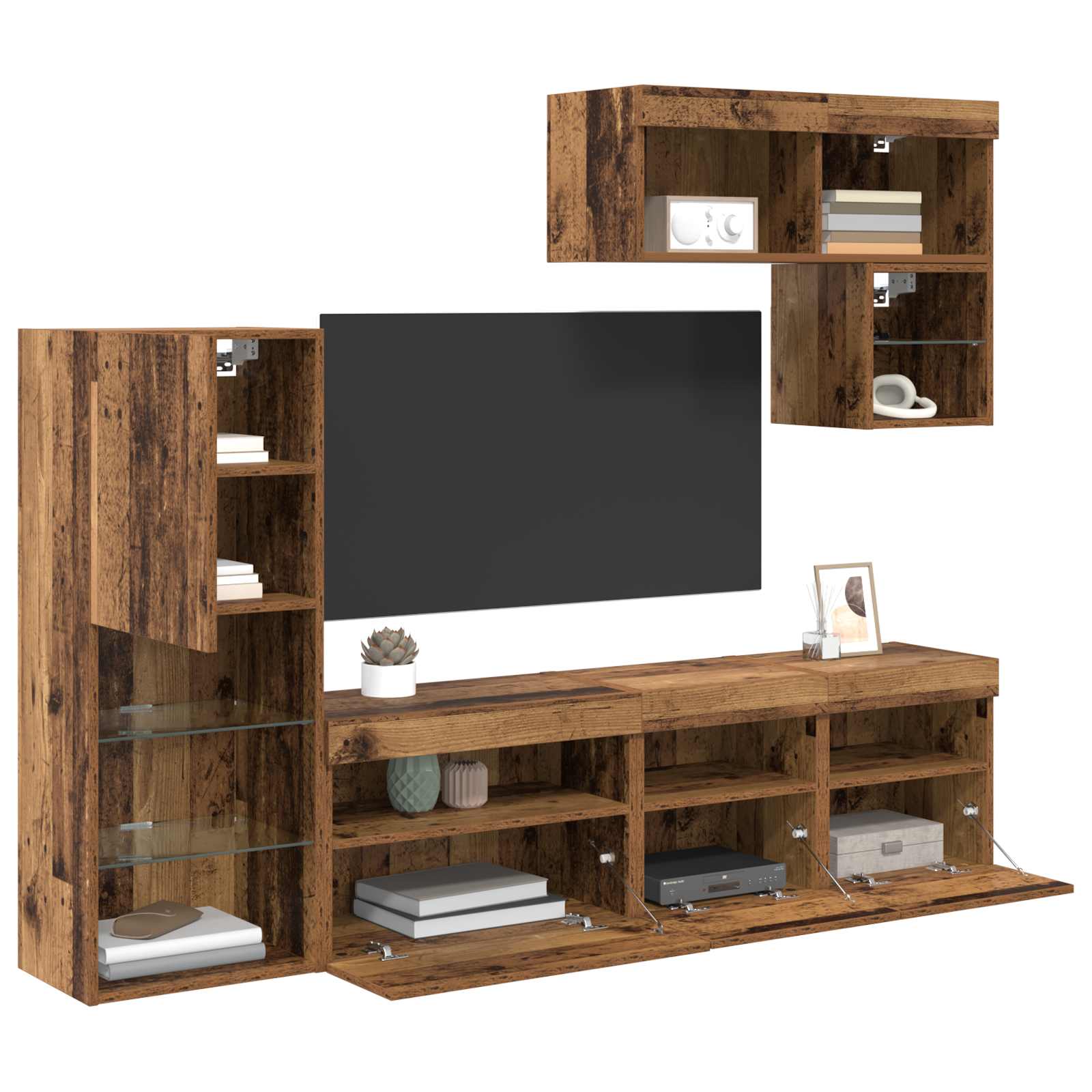TV-Wandgeräte mit LED-Lichtleisten 6 pcs Altholz Holzwerkstoff