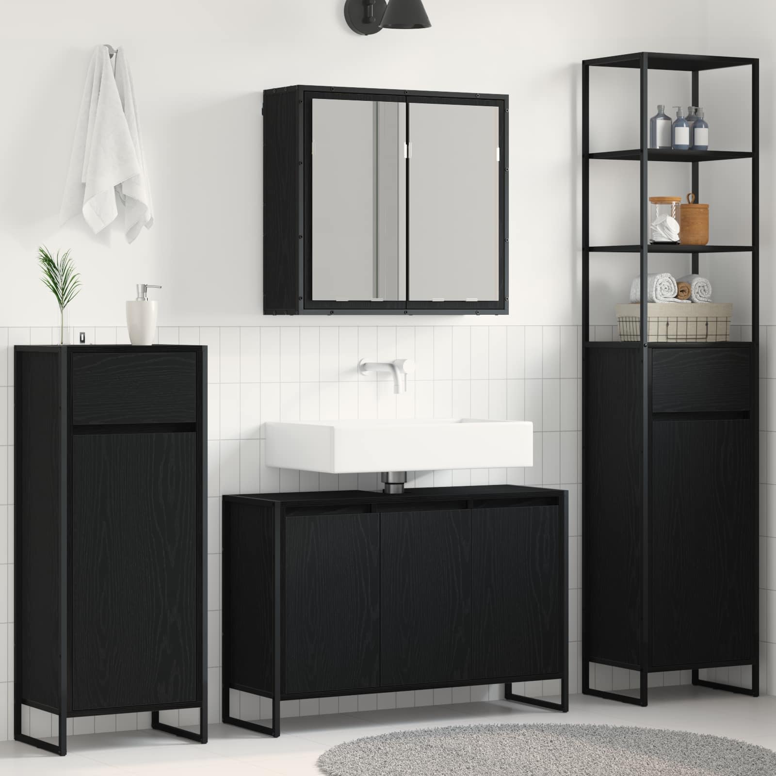 Badezimmermöbel-Set mit Tür Schwarz Eichen-Optik Holzwerkstoff