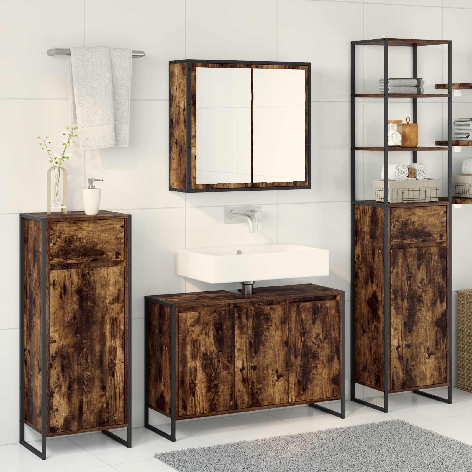 Badezimmermöbel-Set mit Regal Geräucherte Eiche Holzwerkstoff