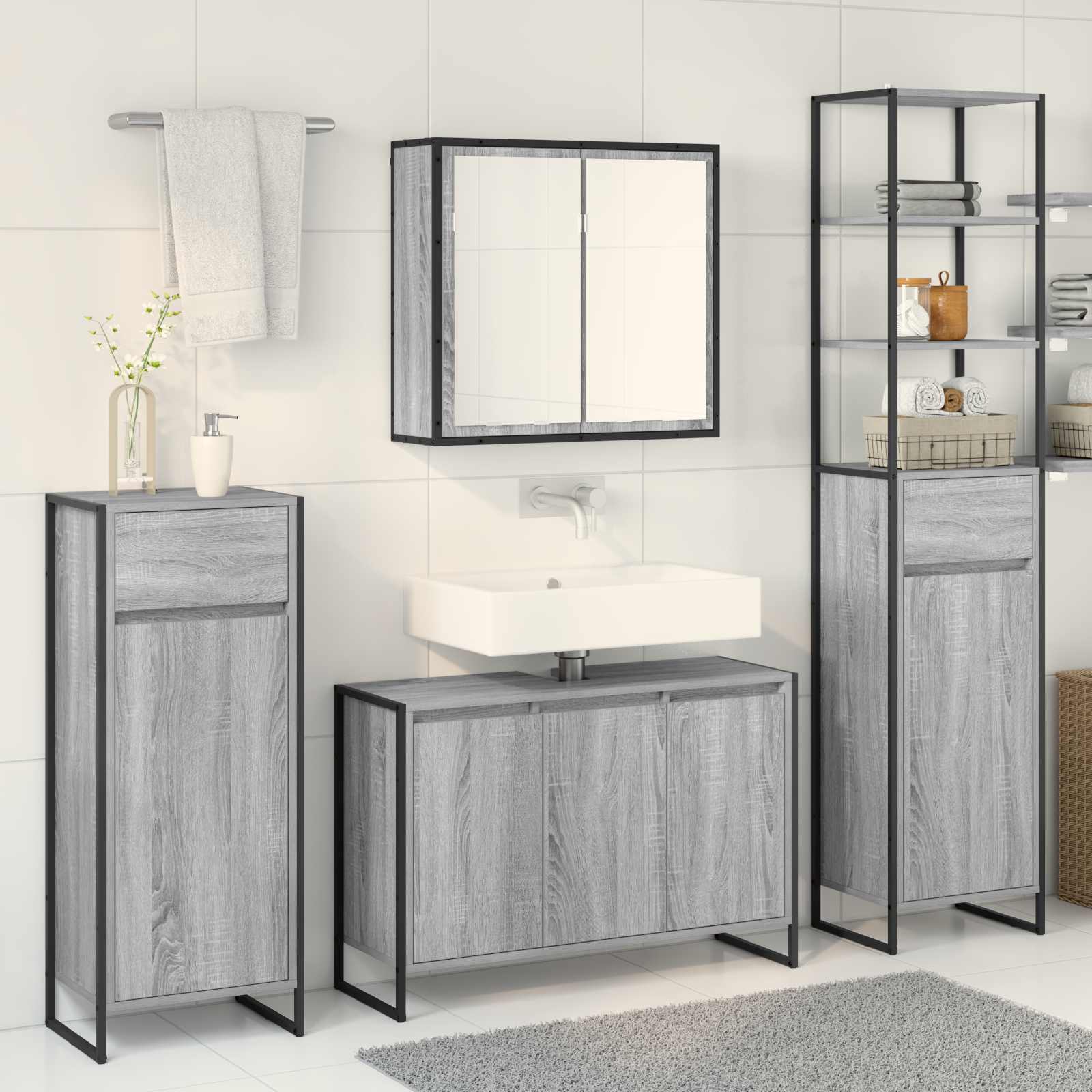 Badezimmermöbel-Set mit Schubladen Graues Sonoma Holzwerkstoff