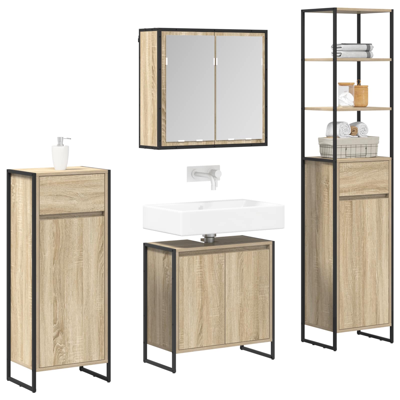 Badezimmermöbel-Set mit Schubladen Sonoma-Eiche Holzwerkstoff