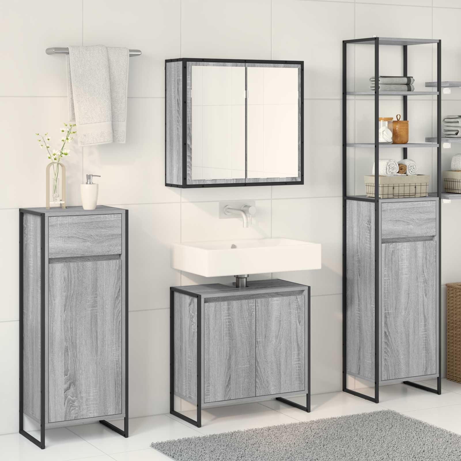 Badezimmermöbel-Set mit Schubladen Graues Sonoma Holzwerkstoff