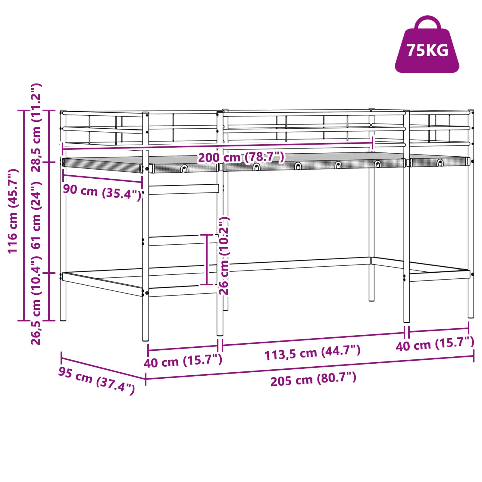 Kinderloftbett Schwarz 90 x 200 cm Stahl