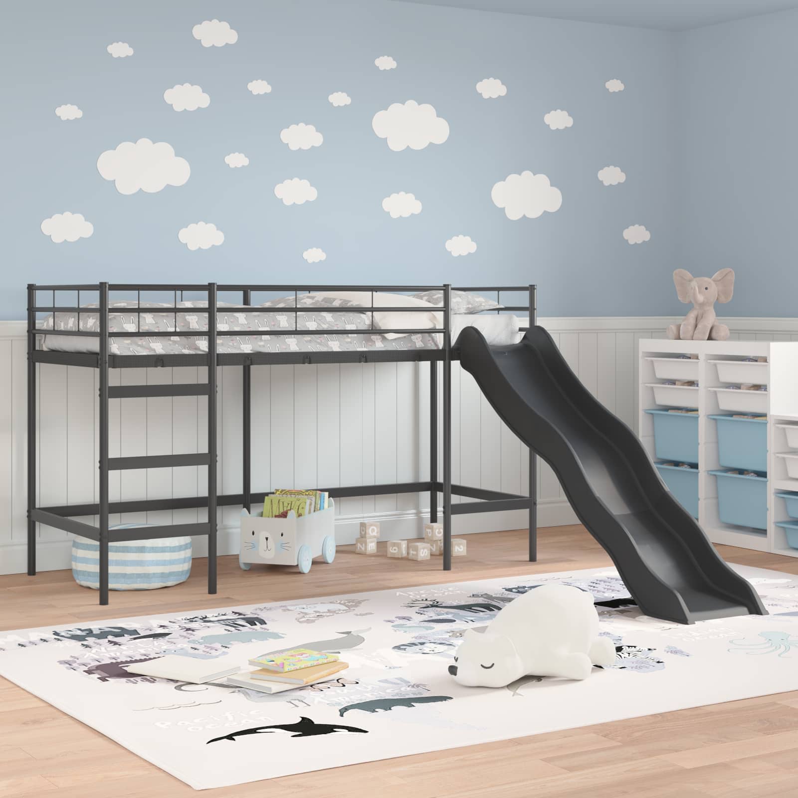 Kinder-Loftbett mit Rutsche Schwarz und Anthrazit 100 x 190 cm