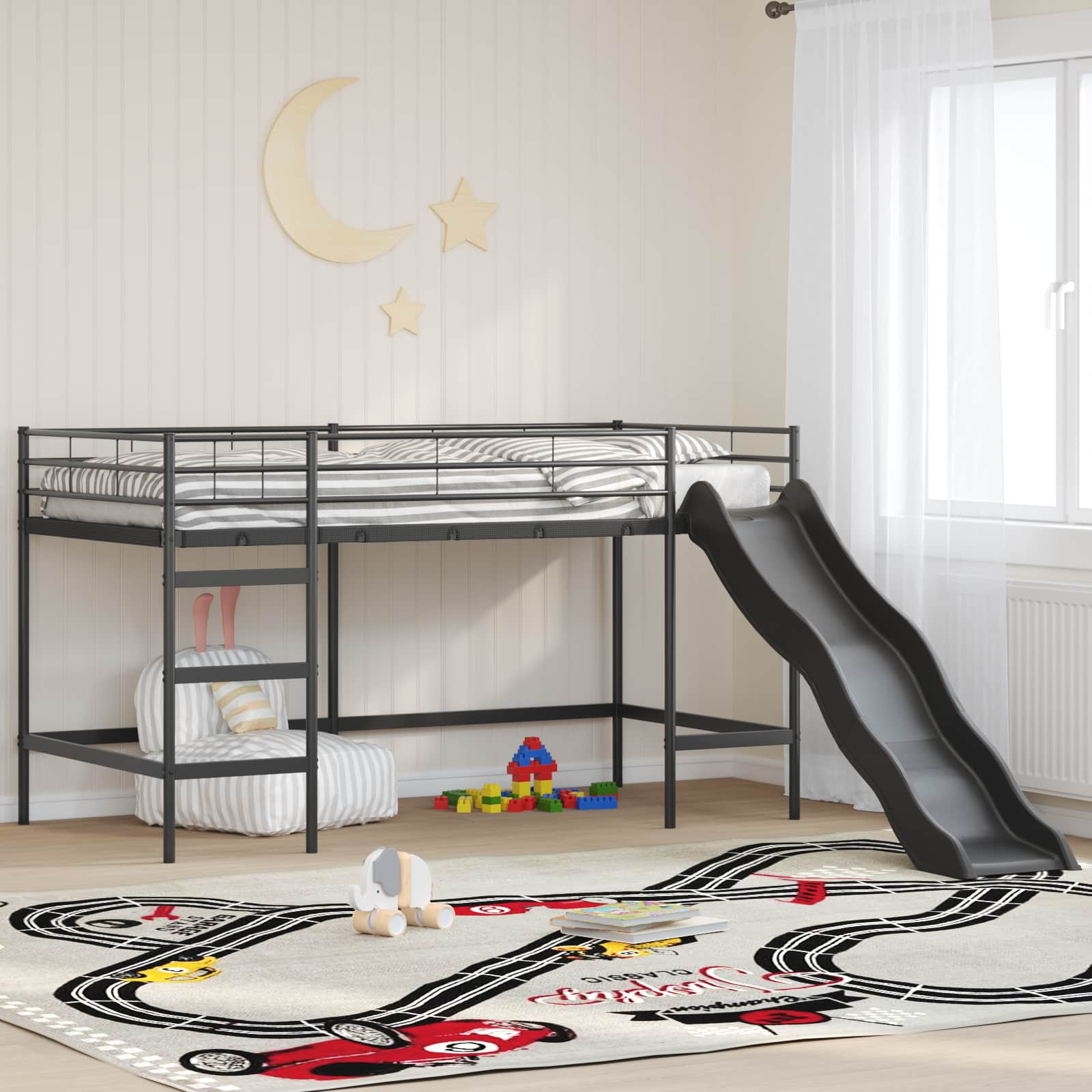 Kinder-Loftbett mit Rutsche Schwarz und Anthrazit 100 x 200 cm