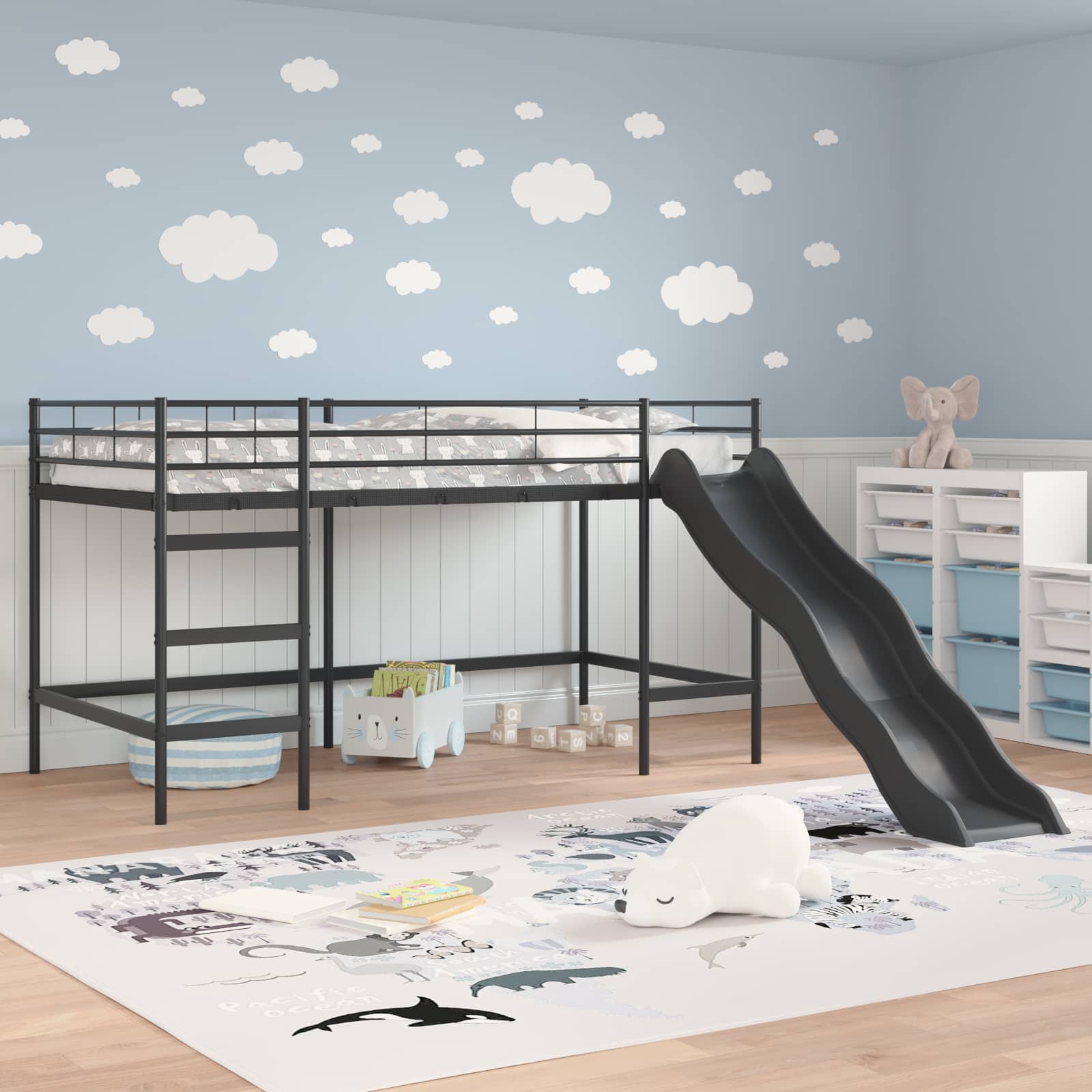 Kinder-Loftbett mit Rutsche Schwarz und Anthrazit 100 x 200 cm