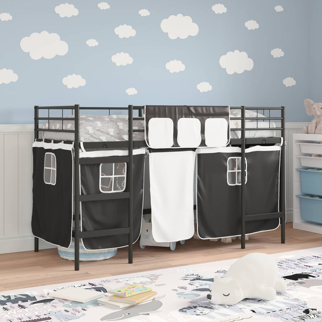 Kinder Loft Bettgestell mit Vorhängen Schwarz 75 x 190 cm
