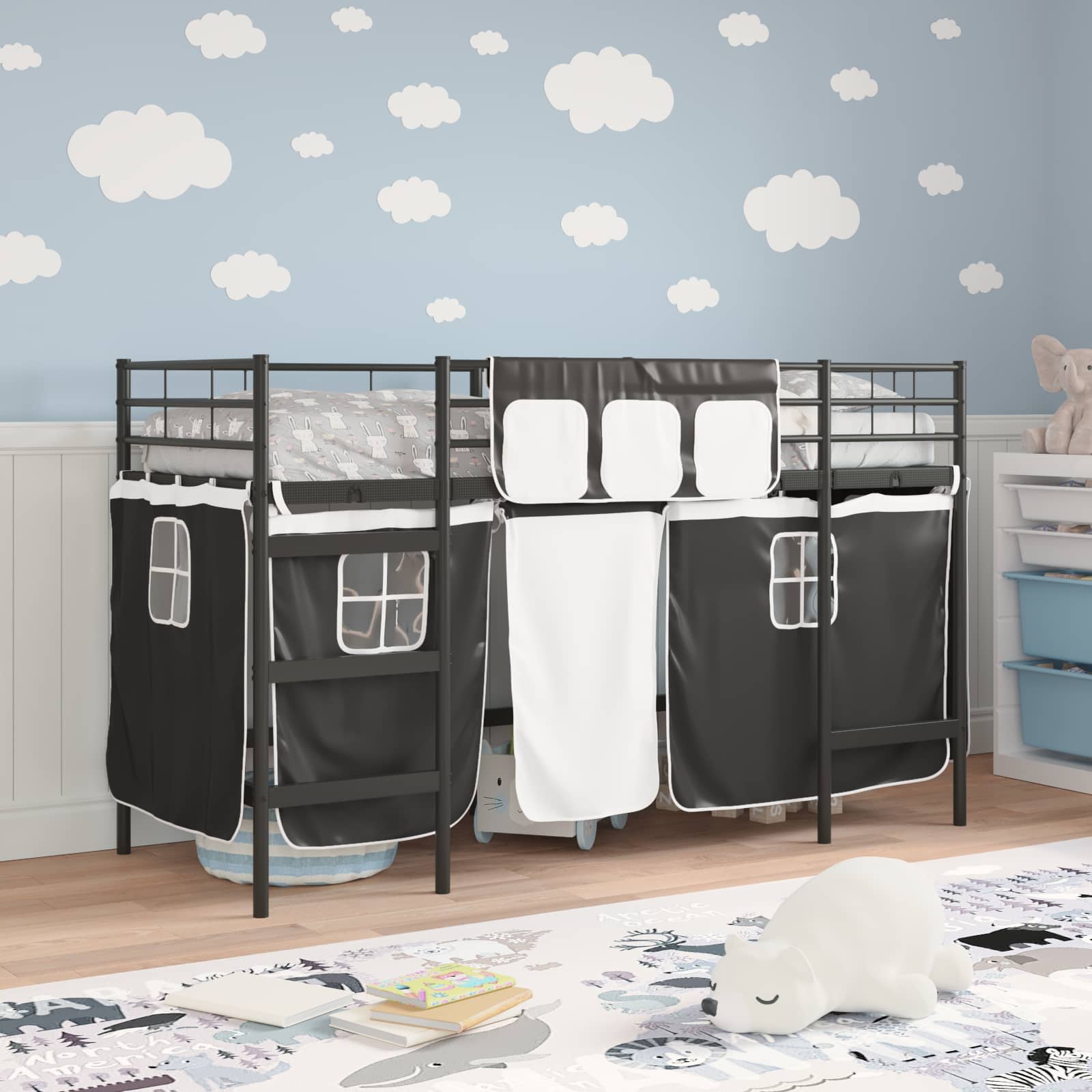 Kinder Loft Bettgestell mit Vorhängen Schwarz 75 x 190 cm