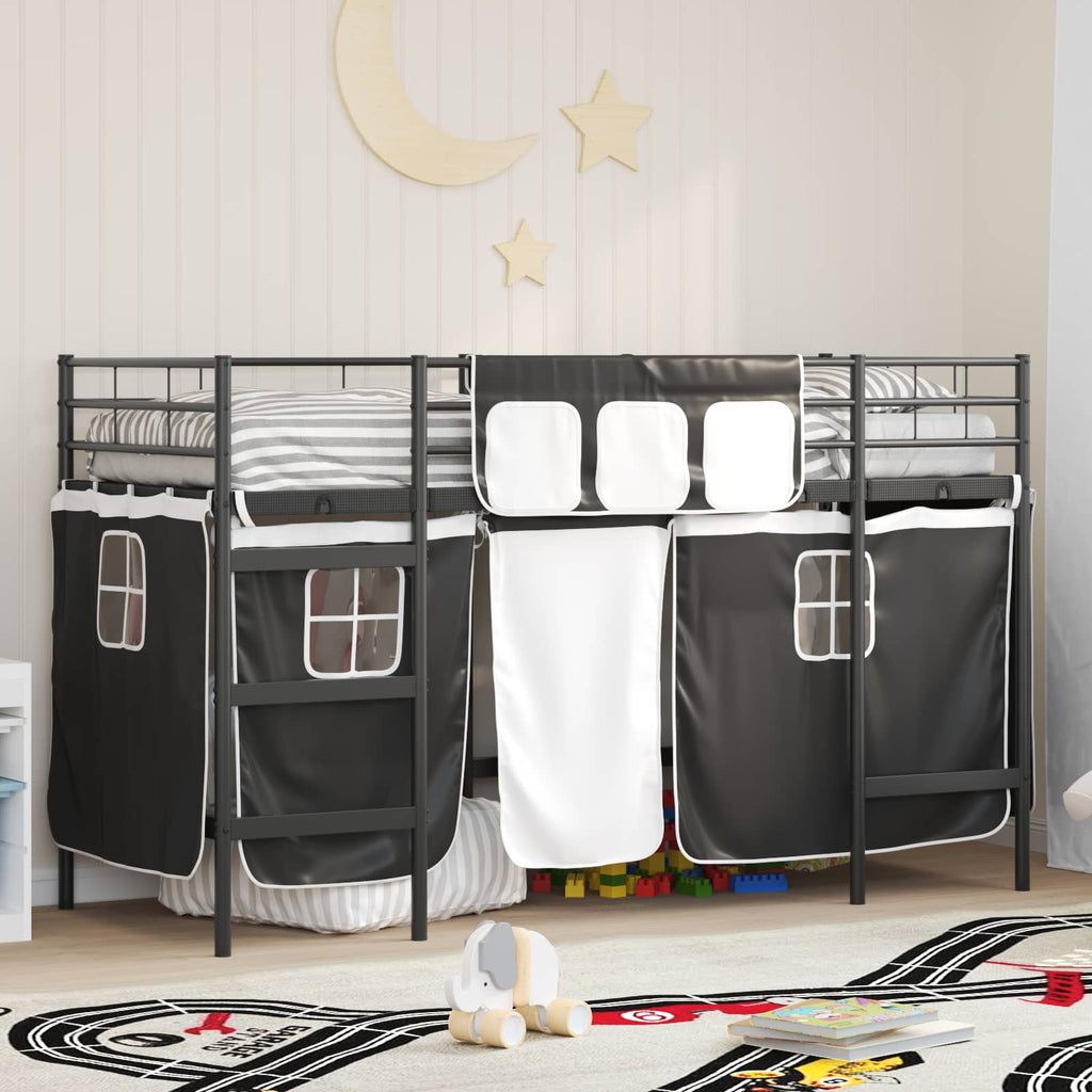 Kinder Loft Bettgestell mit Vorhängen Schwarz 90 x 190 cm