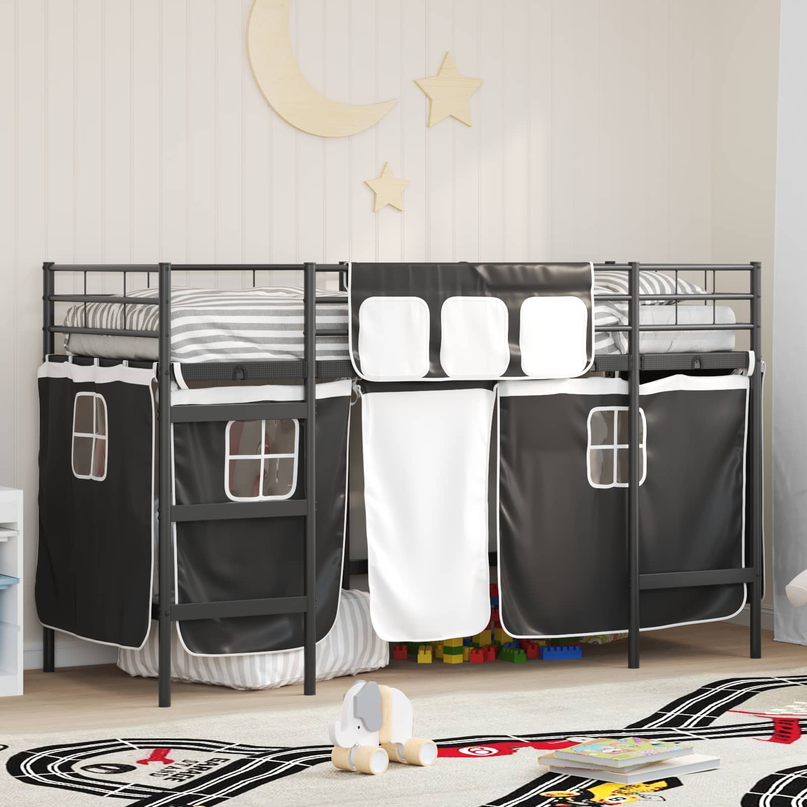Kinder Loft Bettgestell mit Vorhängen Schwarz 90 x 190 cm