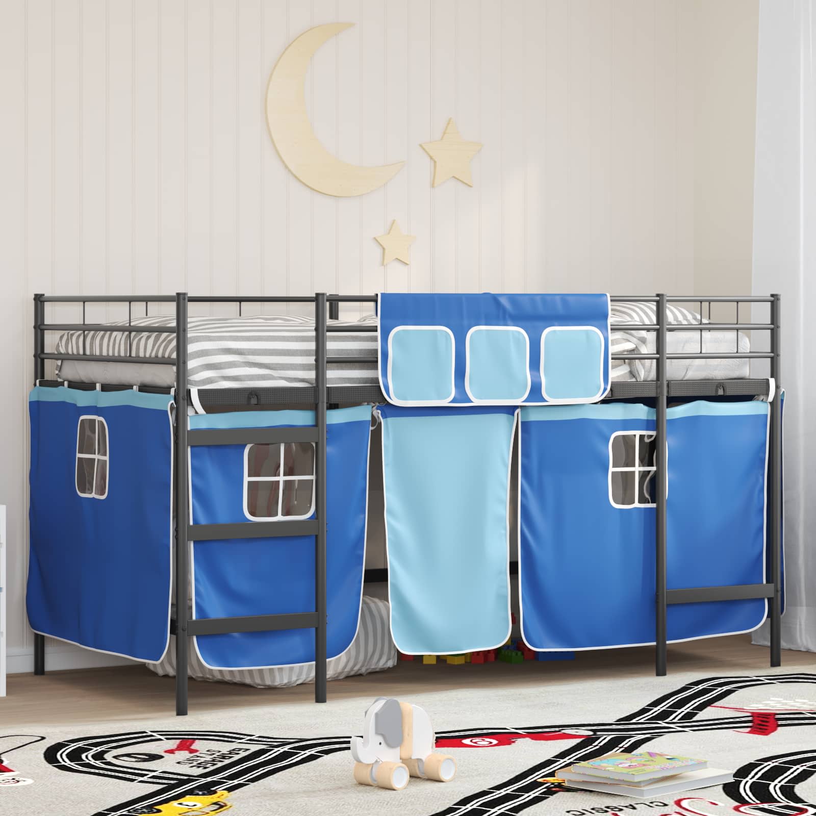 Kinder Loft Bettgestell mit Vorhängen Schwarz und Blau
